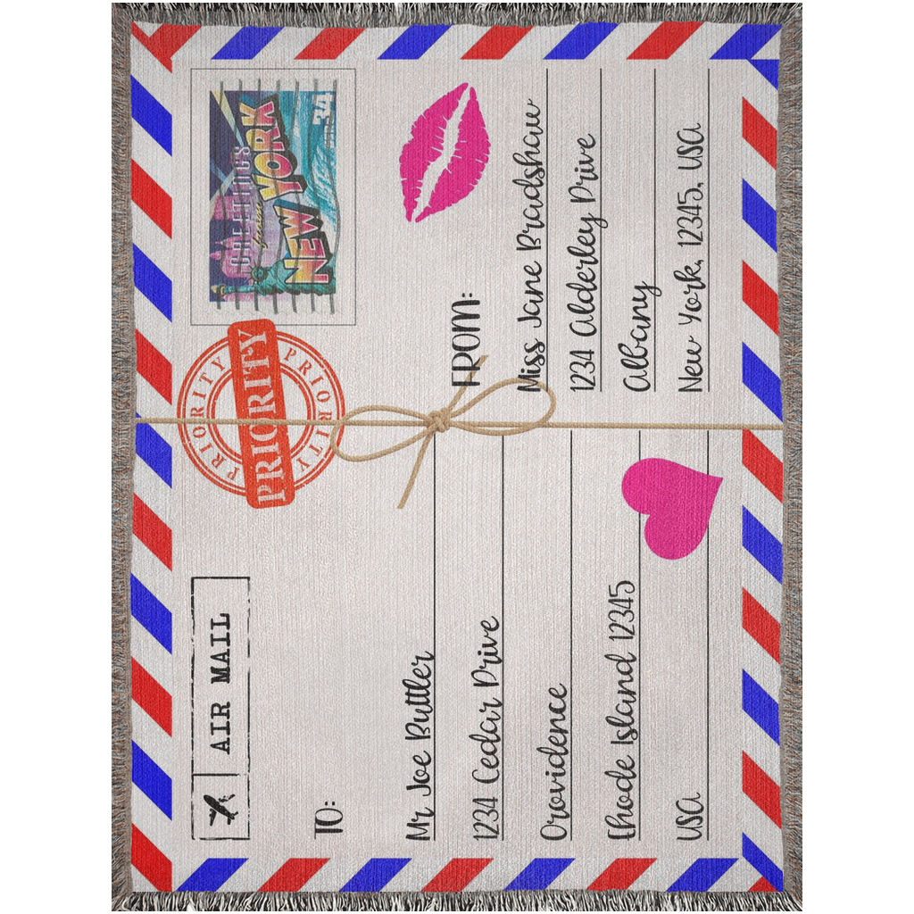 Personalized Custom Jacquard Woven Air Mail Envelope Love Letter Blanket, Personalized Envelope Keepsake Throw, Cotton Anniversary Throw, Blanket Air Mail Envelope with Heart & Lips Stocking Filler, Gift for Partner