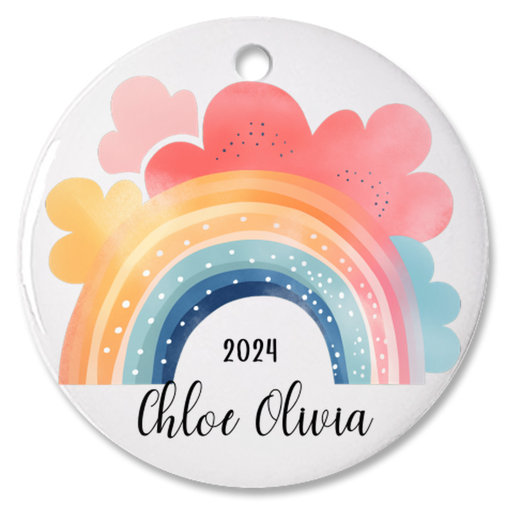 Personalized Newborn Baby Girl And Boy Rainbow Porcelain Keepsake Bauble, Baby Girl And Boy First Christmas Colorful Rainbow Ornament