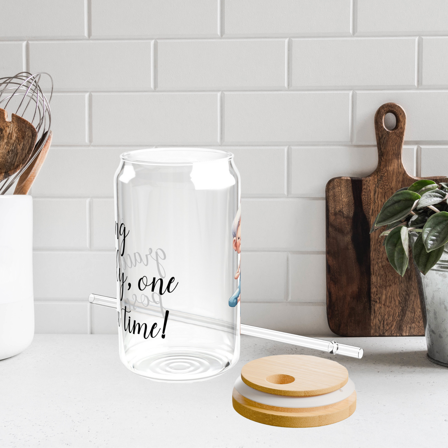 Our "Grandma Yoga" Collection Sipper Glass with Bamboo Lid and Tritan Straw!