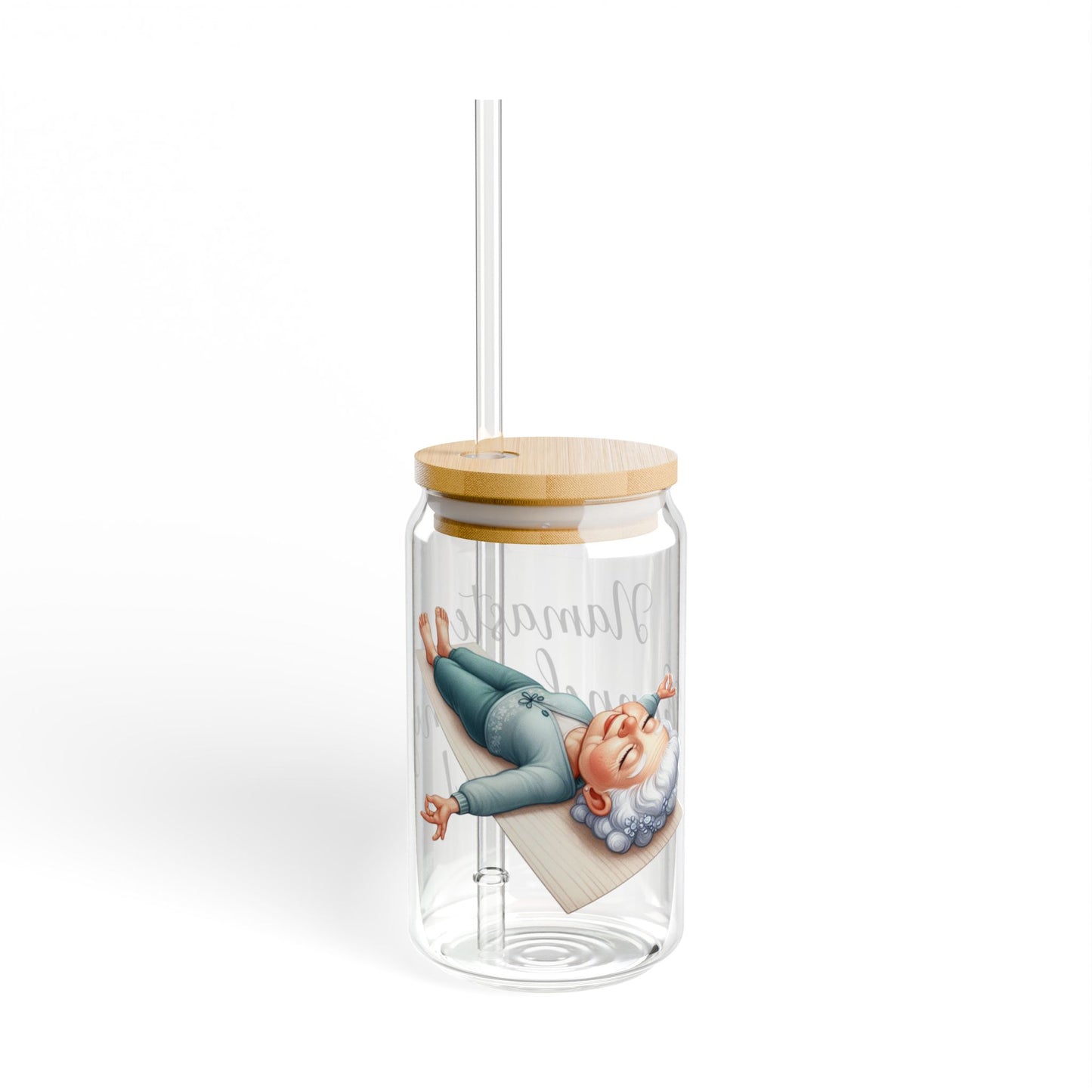 Our "Grandma Yoga" Collection Sipper Glass with Bamboo Lid and Tritan Straw!