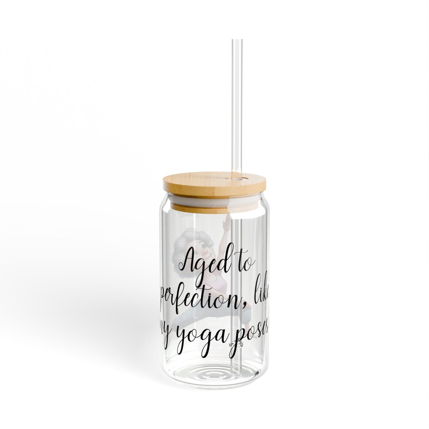 Our "Grandma Yoga" Collection Sipper Glass with Bamboo Lid and Tritan Straw!