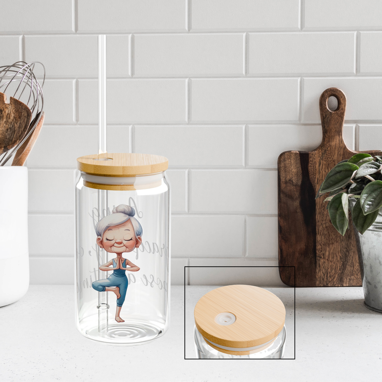 Our "Grandma Yoga" Collection Sipper Glass with Bamboo Lid and Tritan Straw!