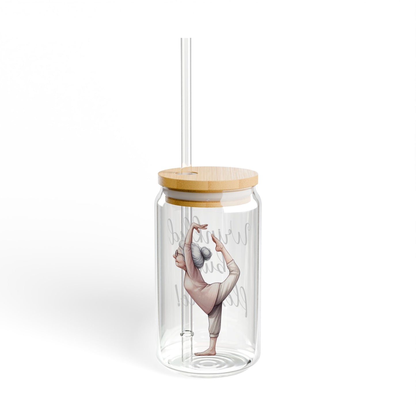Our "Grandma Yoga" Collection Sipper Glass with Bamboo Lid and Tritan Straw!
