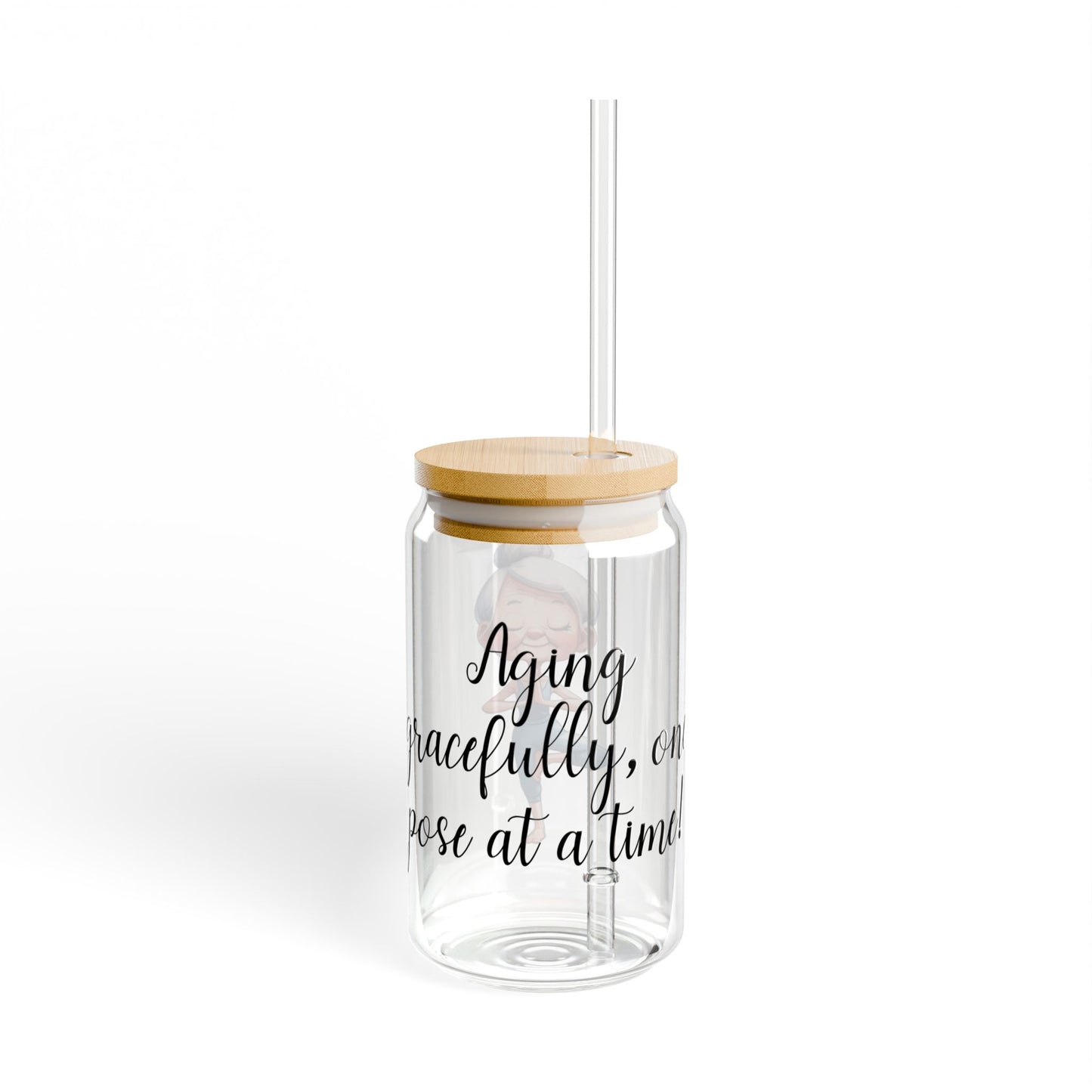 Our "Grandma Yoga" Collection Sipper Glass with Bamboo Lid and Tritan Straw!