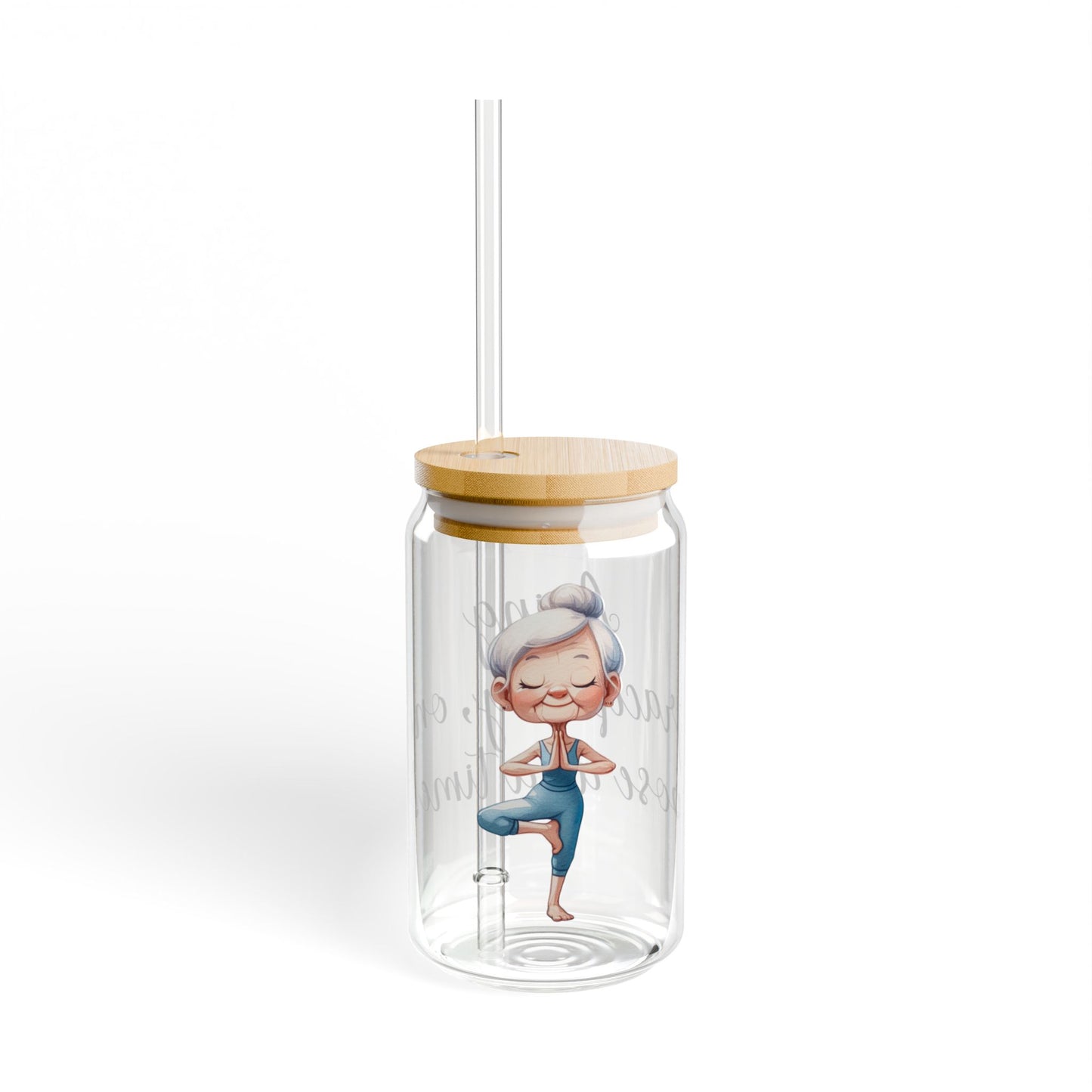 Our "Grandma Yoga" Collection Sipper Glass with Bamboo Lid and Tritan Straw!