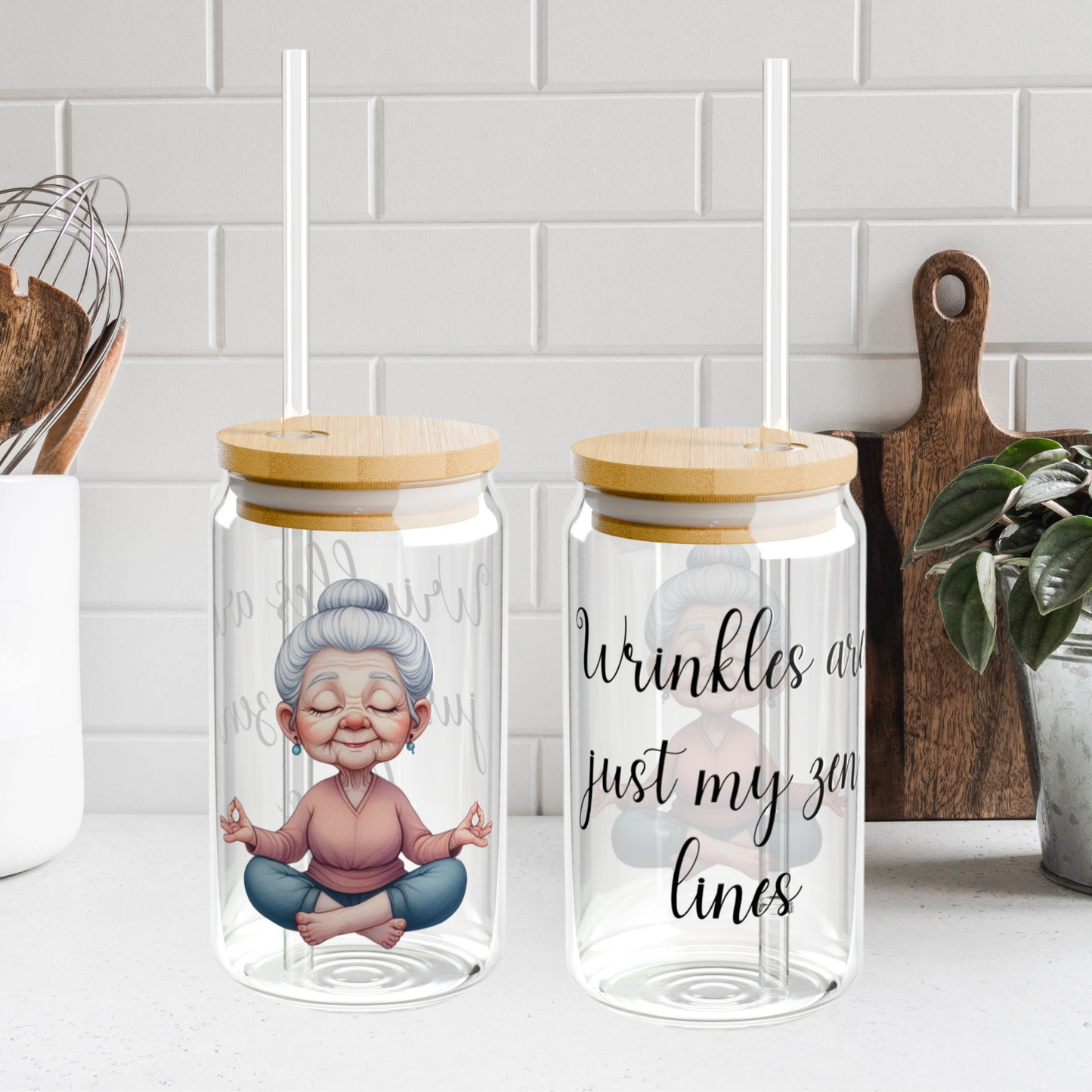 Our "Grandma Yoga" Collection Sipper Glass with Bamboo Lid and Tritan Straw!