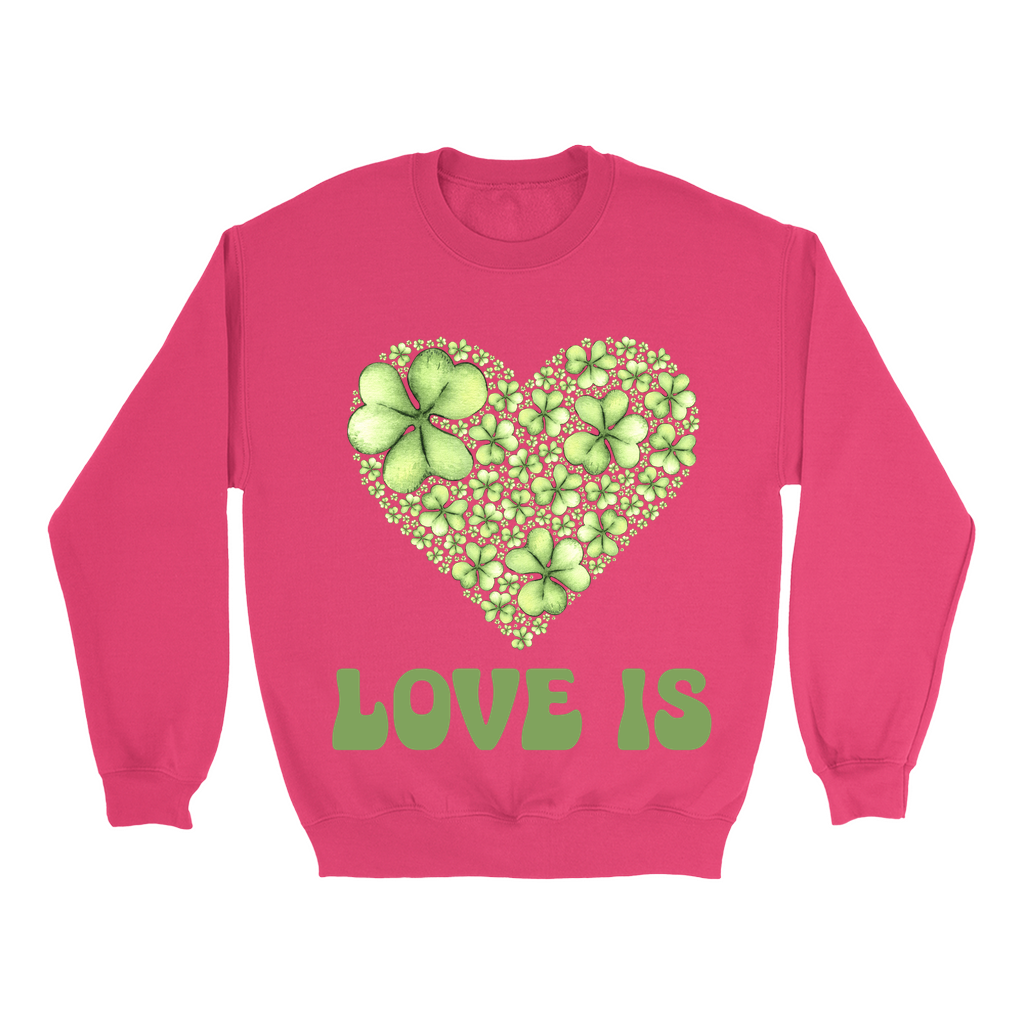 Embrace Love's Warmth: Introducing 'Love is' Gildan 18000 Sweatshirts - Whimsical Designs, Shamrock & Heart, Cozy Comfort, Thoughtful Sizing