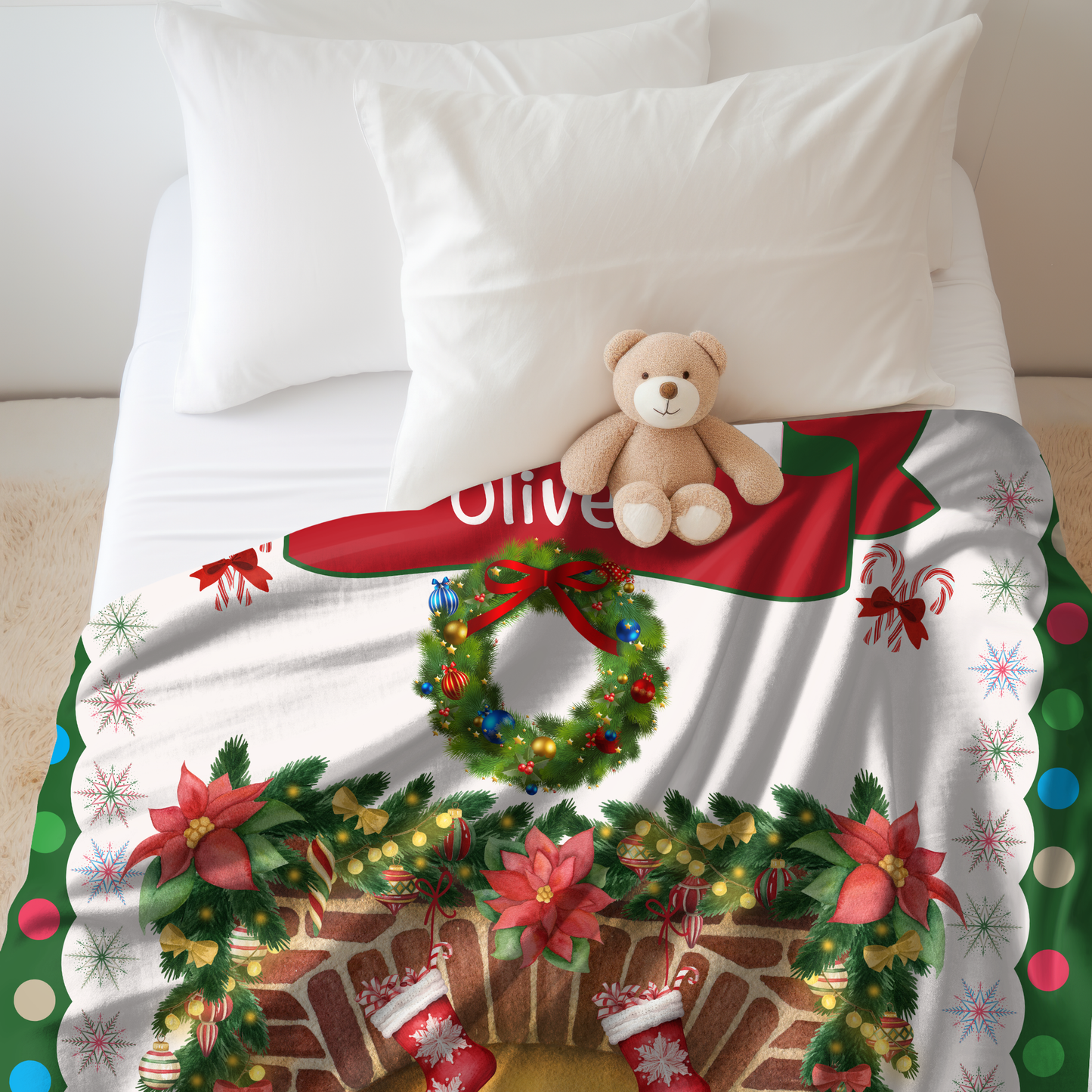 Personalized Children’s Christmas Fireplace Plush Minky Blanket, Soft Minky Baby Blanket, 30x40”, 50x60”, 60x80” Kids Throw Blanket.
