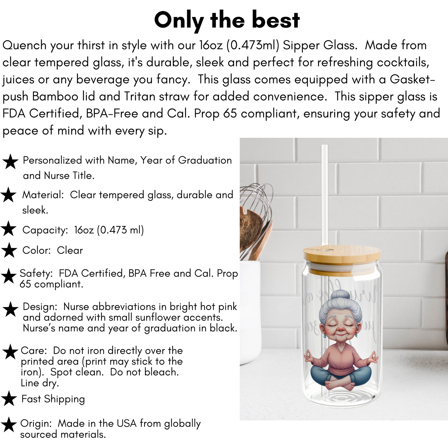 Our "Grandma Yoga" Collection Sipper Glass with Bamboo Lid and Tritan Straw!