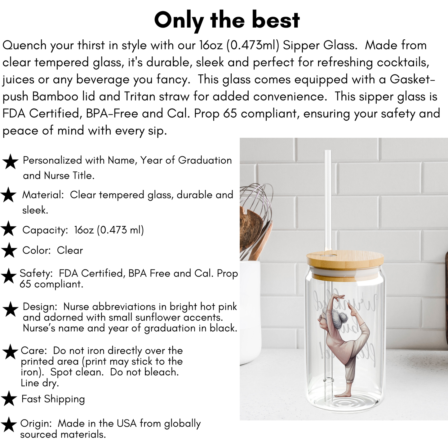Our "Grandma Yoga" Collection Sipper Glass with Bamboo Lid and Tritan Straw!