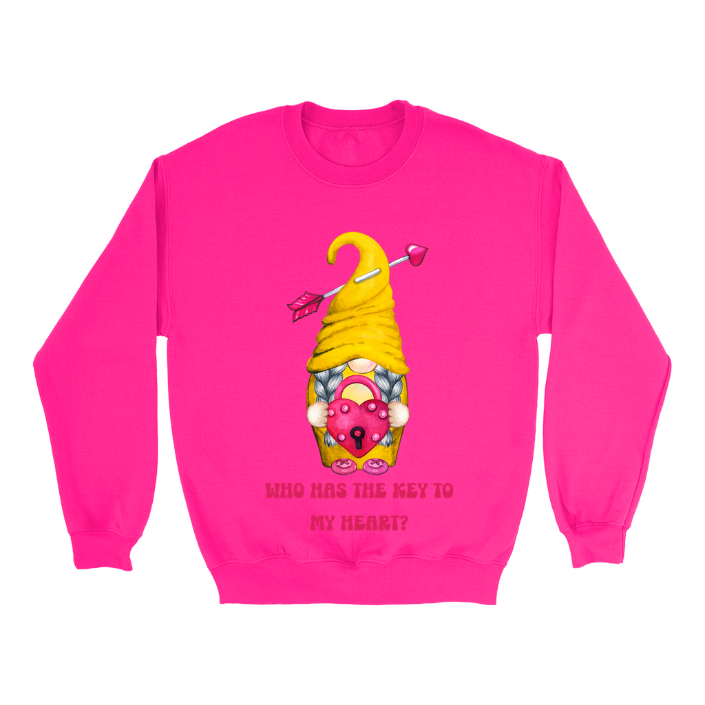 Embrace Love's Warmth: Introducing our Gnome with a Locked heart, 'Love is' Gildan 18000 Sweatshirts – Whimsical Designs, Cozy Comfort.