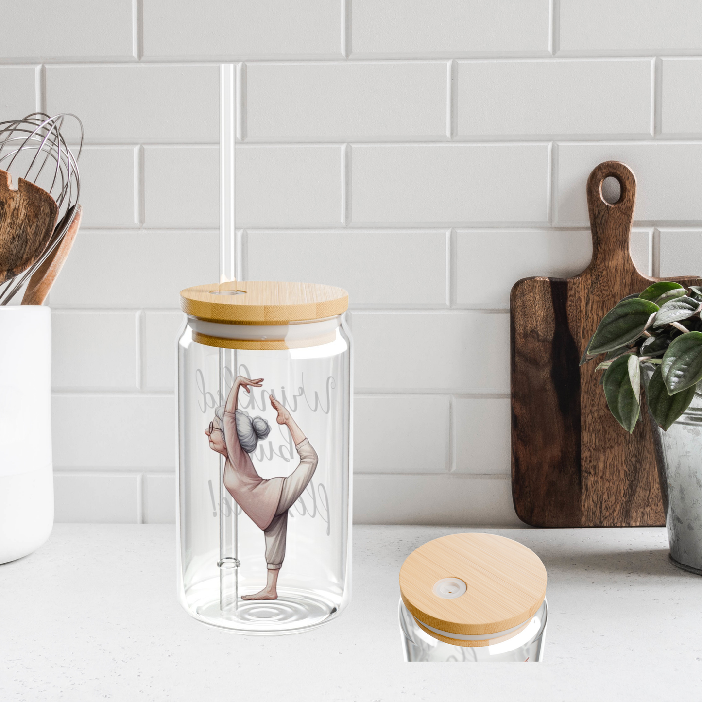 Our "Grandma Yoga" Collection Sipper Glass with Bamboo Lid and Tritan Straw!
