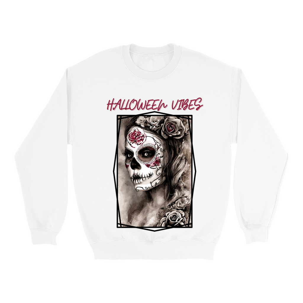 Explore our bewitching collection of Halloween sweatshirts, showcasing the mysterious allure of a Sugar-masked, Goth-style witch on the front.