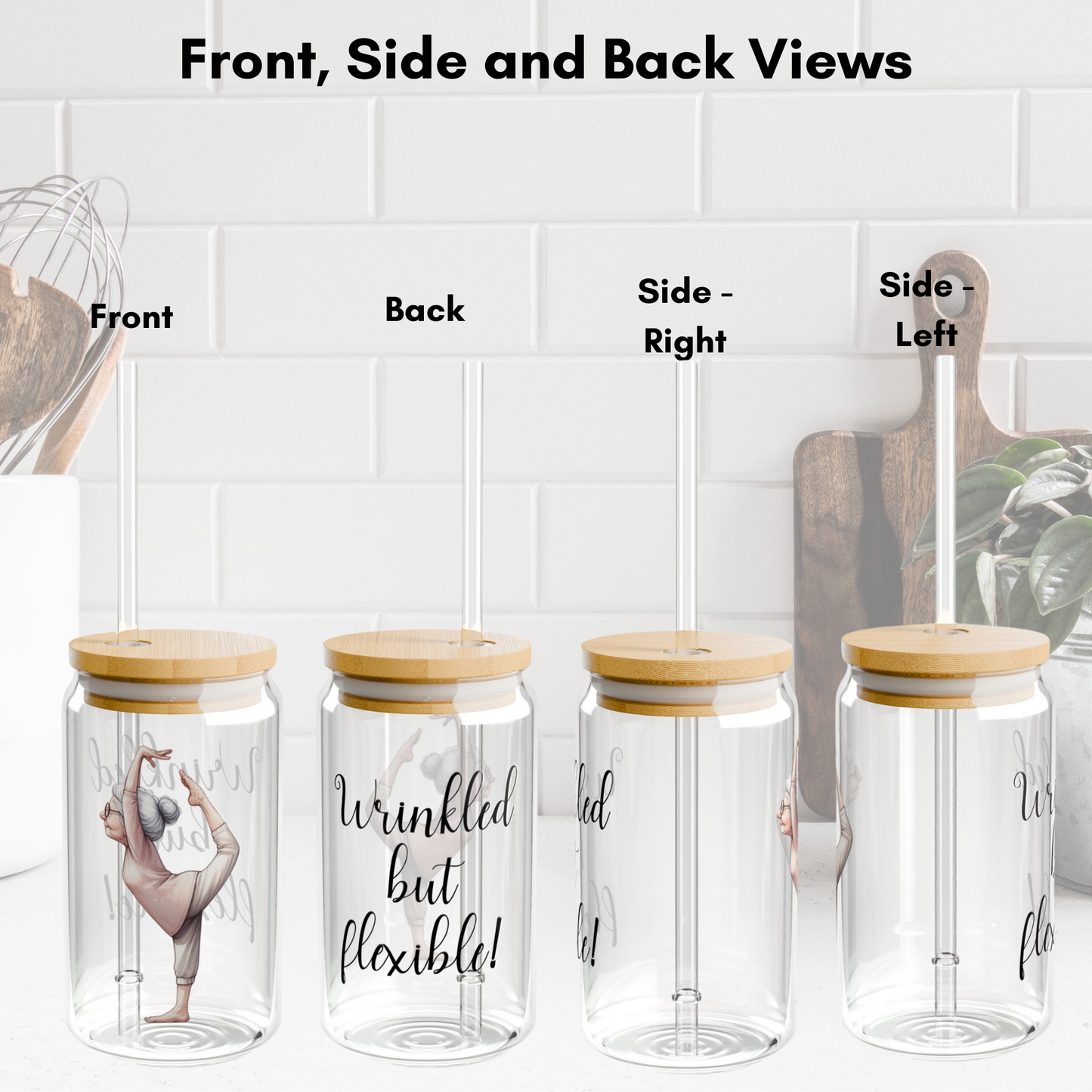 Our "Grandma Yoga" Collection Sipper Glass with Bamboo Lid and Tritan Straw!
