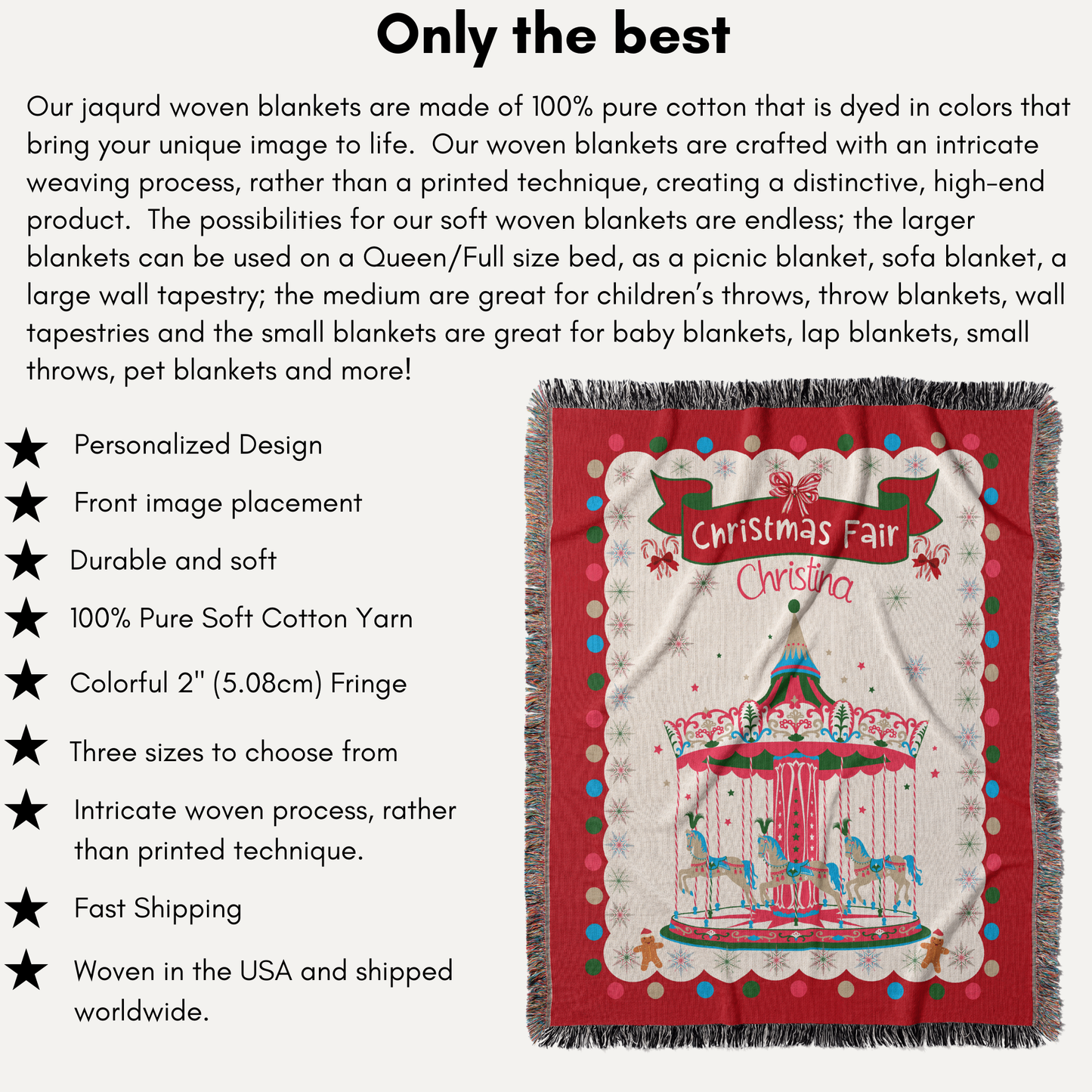 Personalized Custom Jacquard Woven Children’s Christmas Luxurious Blanket, Personalized Carousel Keepsake Throw, Stocking Filler to capture Special Moments