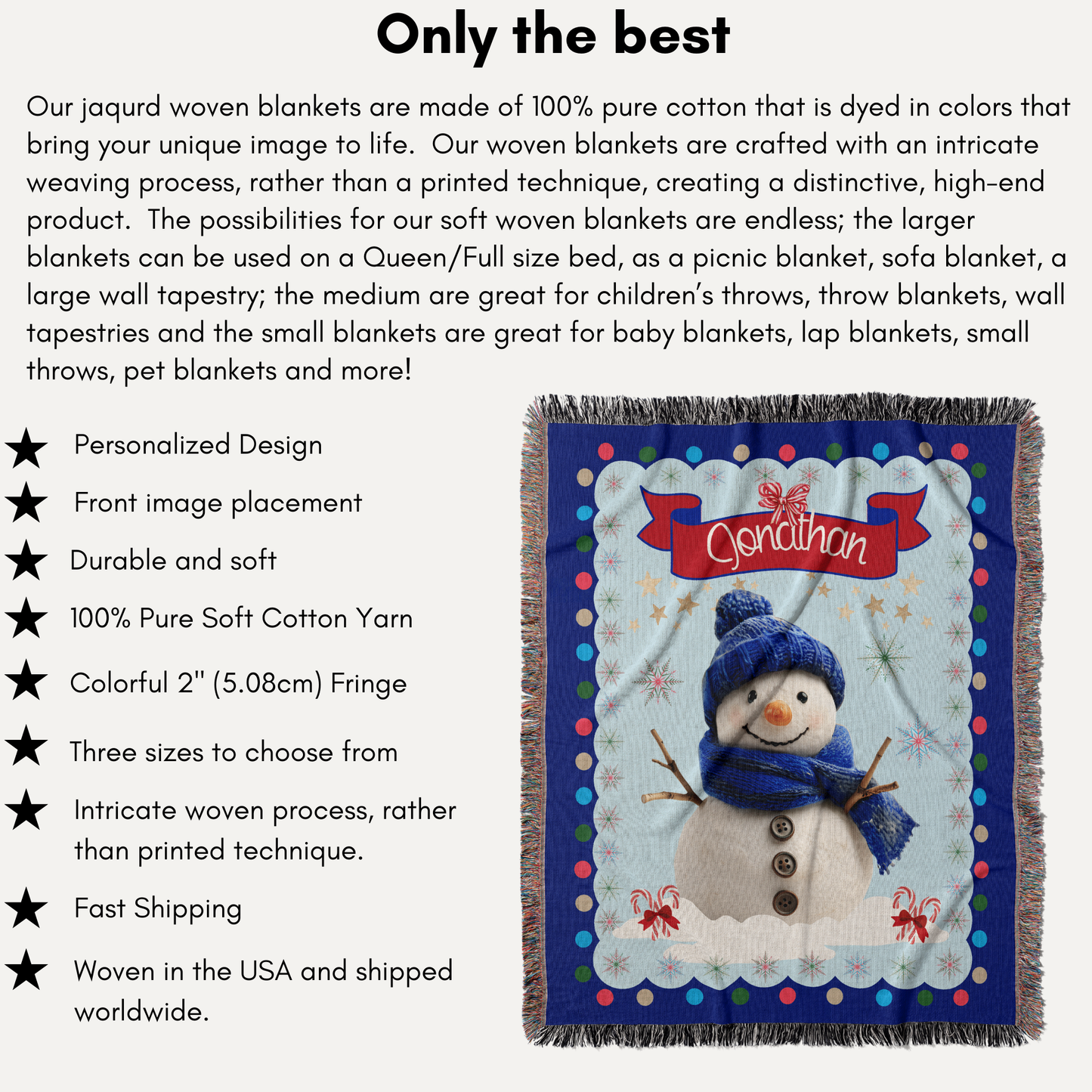 Personalized Custom Jacquard Woven Children’s Christmas Luxurious Blanket, Personalized Christmas Snowman Keepsake Throw, Stocking Filler to Capture Special Moments