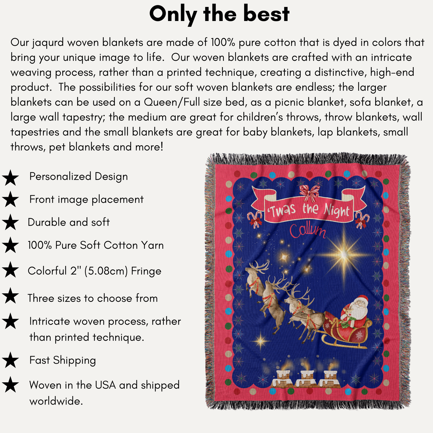 Personalized Custom Jacquard Woven Children’s Christmas Luxurious Blanket, Personalized Santa's Sleigh Ride Keepsake Throw, Stocking Filler to Capture Special Moments