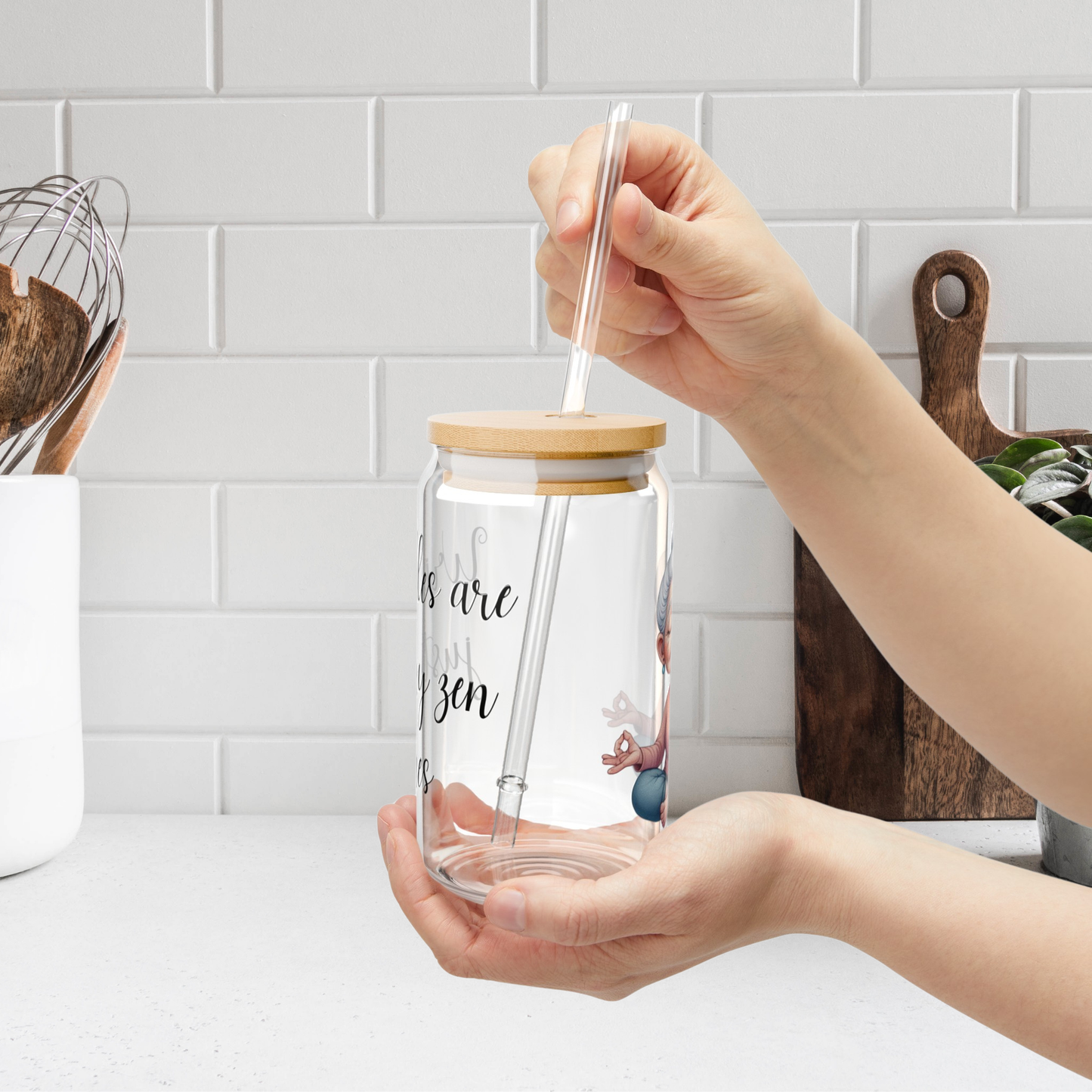 Our "Grandma Yoga" Collection Sipper Glass with Bamboo Lid and Tritan Straw!