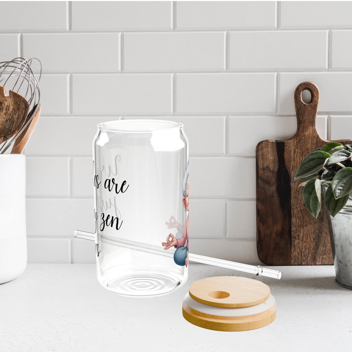 Our "Grandma Yoga" Collection Sipper Glass with Bamboo Lid and Tritan Straw!