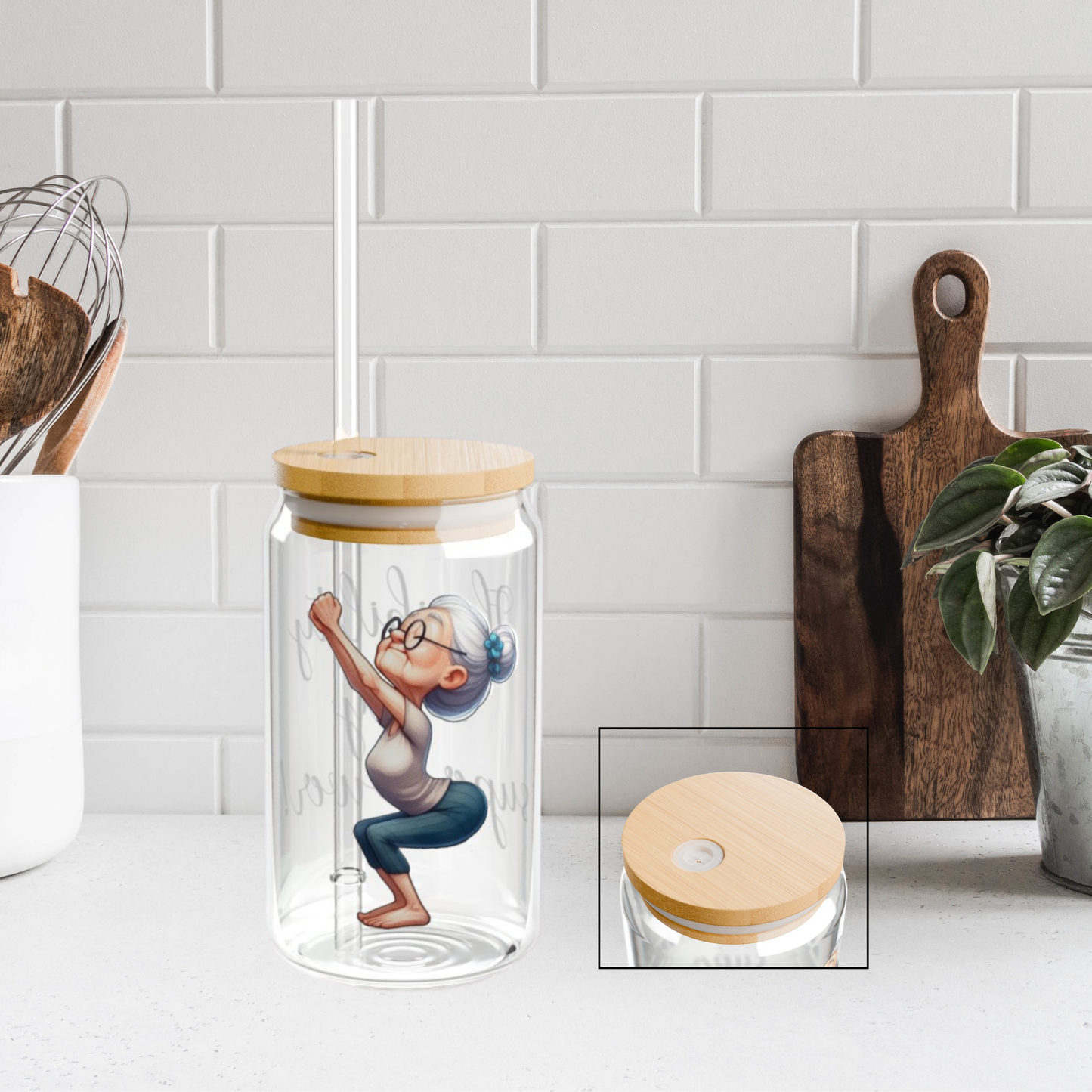 Our "Grandma Yoga" Collection Sipper Glass with Bamboo Lid and Tritan Straw!