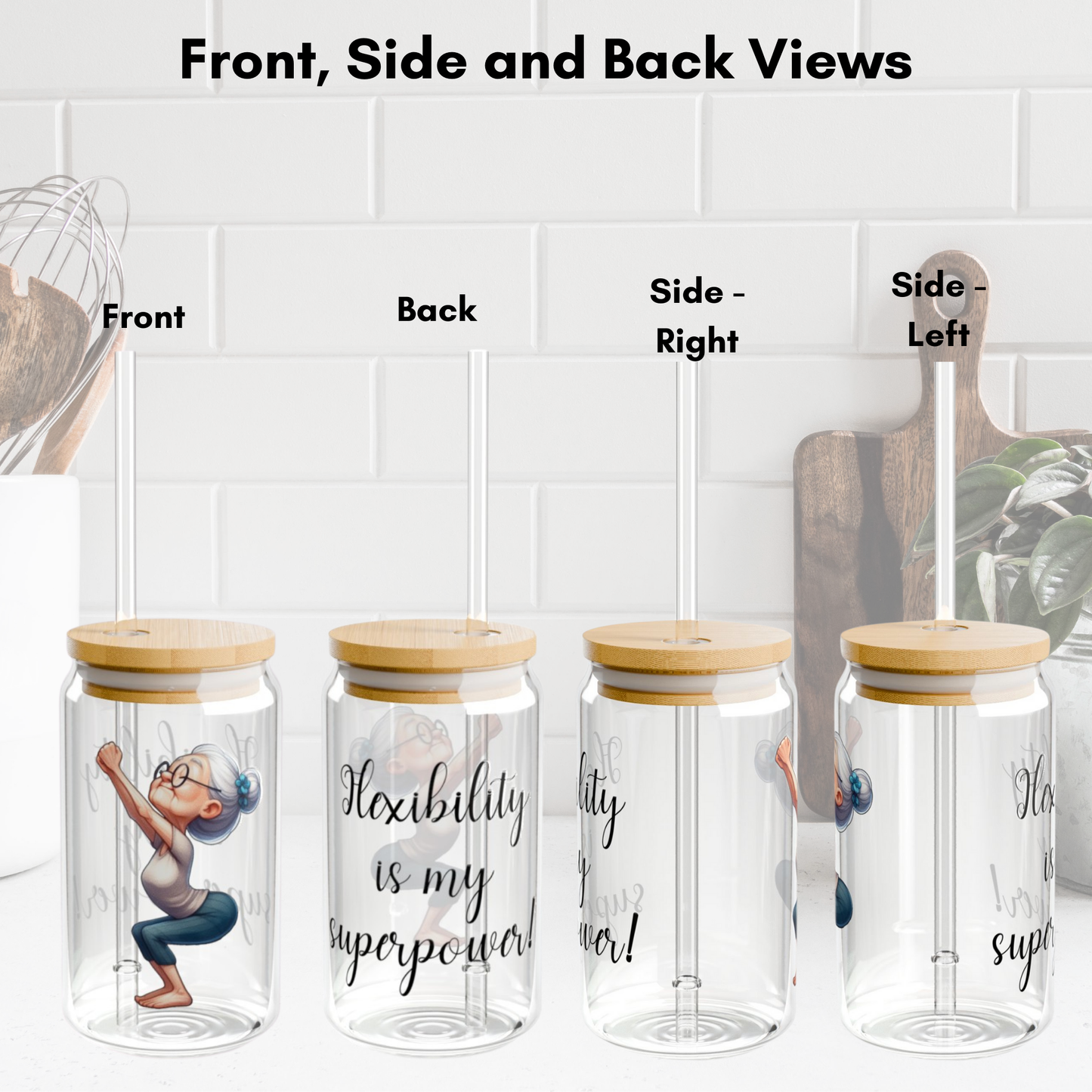 Our "Grandma Yoga" Collection Sipper Glass with Bamboo Lid and Tritan Straw!
