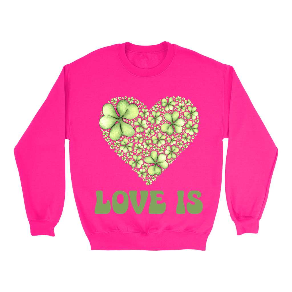 Embrace Love's Warmth: Introducing 'Love is' Gildan 18000 Sweatshirts - Whimsical Designs, Shamrock & Heart, Cozy Comfort, Thoughtful Sizing
