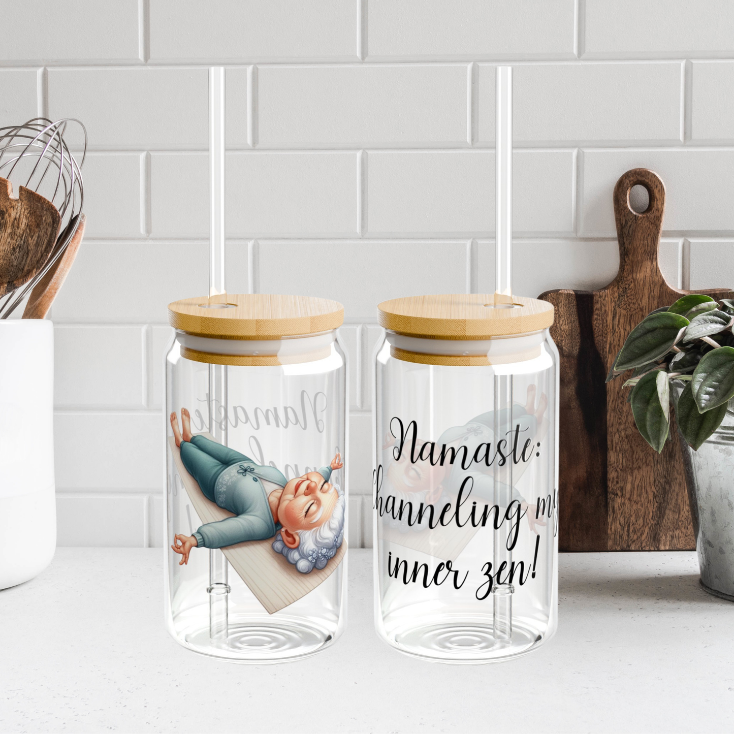 Our "Grandma Yoga" Collection Sipper Glass with Bamboo Lid and Tritan Straw!