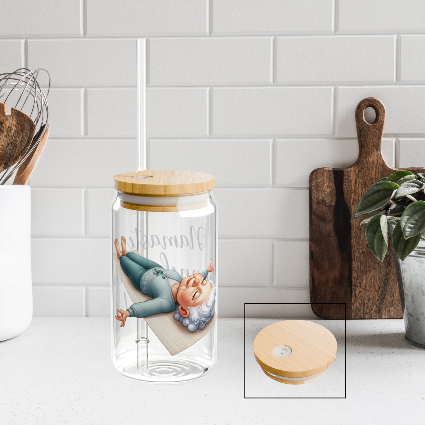 Our "Grandma Yoga" Collection Sipper Glass with Bamboo Lid and Tritan Straw!