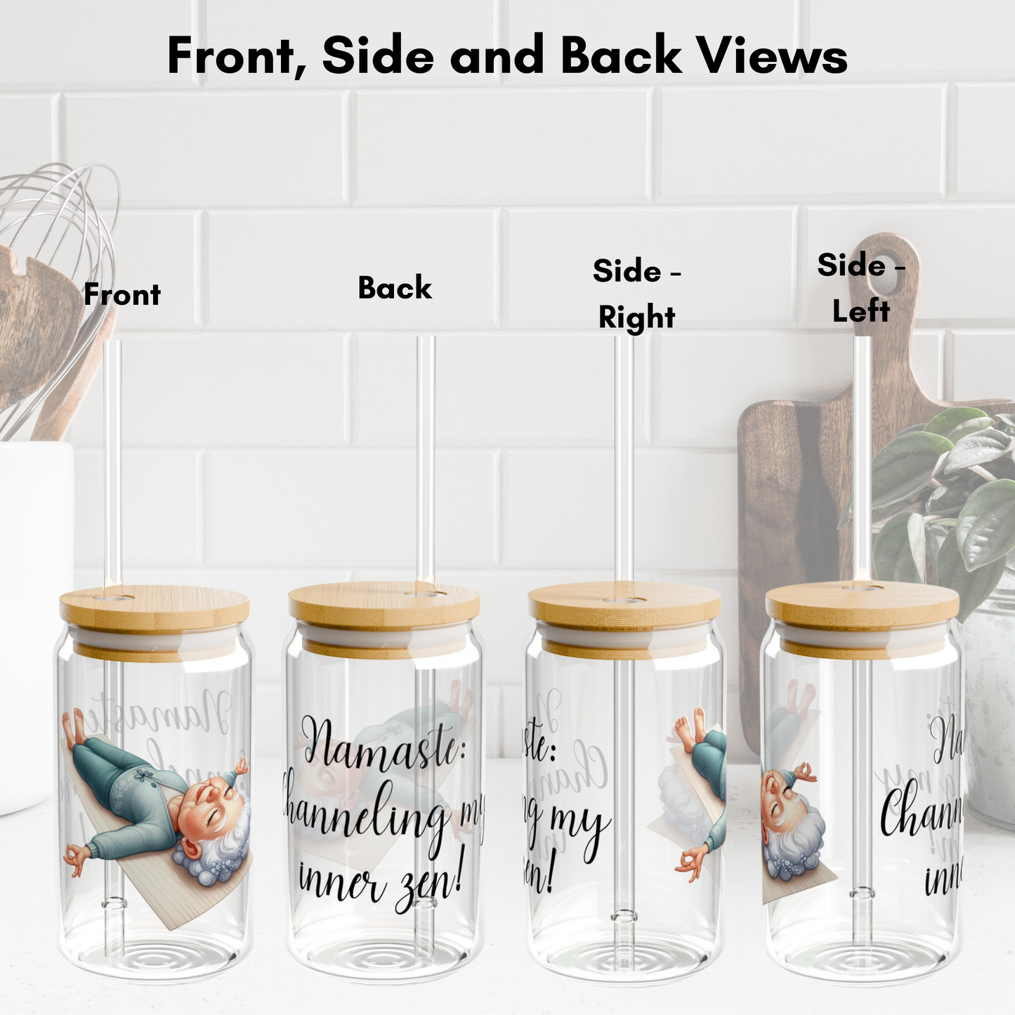 Our "Grandma Yoga" Collection Sipper Glass with Bamboo Lid and Tritan Straw!