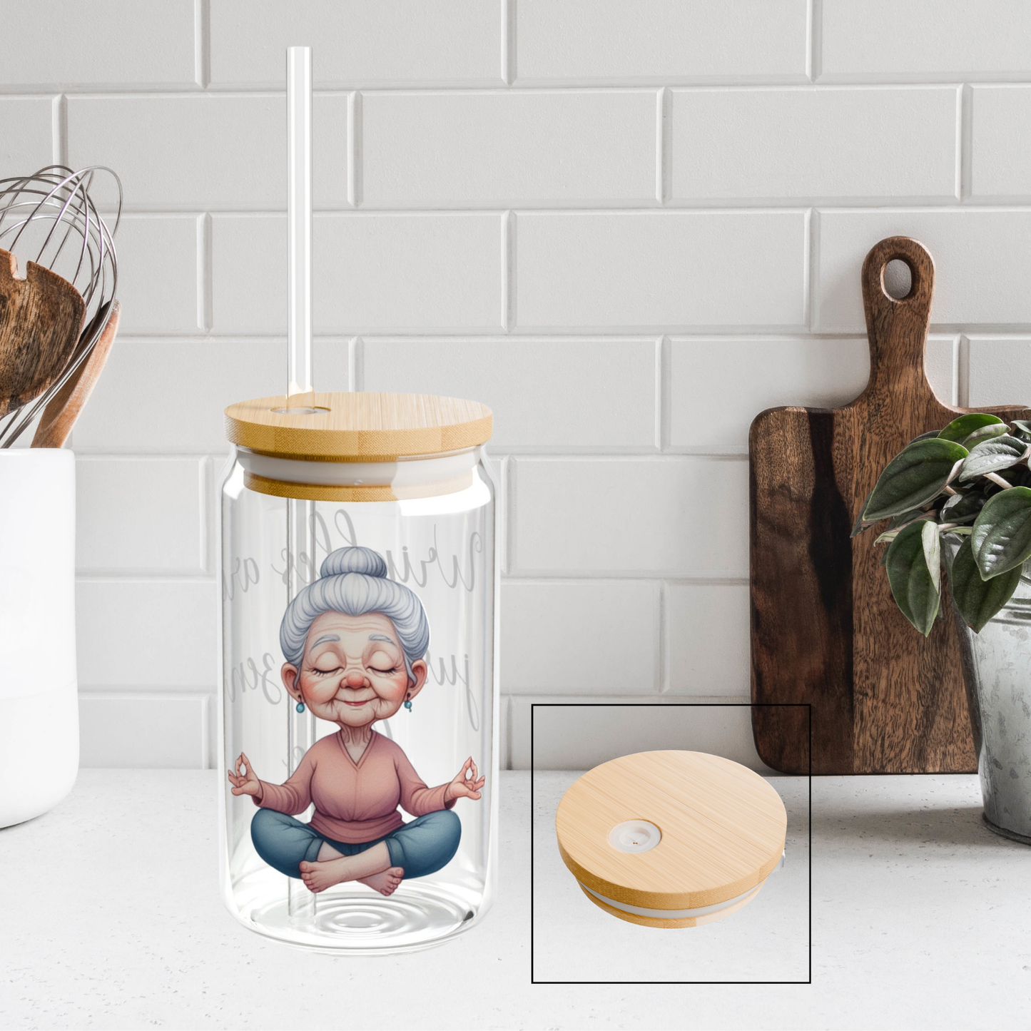 Our "Grandma Yoga" Collection Sipper Glass with Bamboo Lid and Tritan Straw!