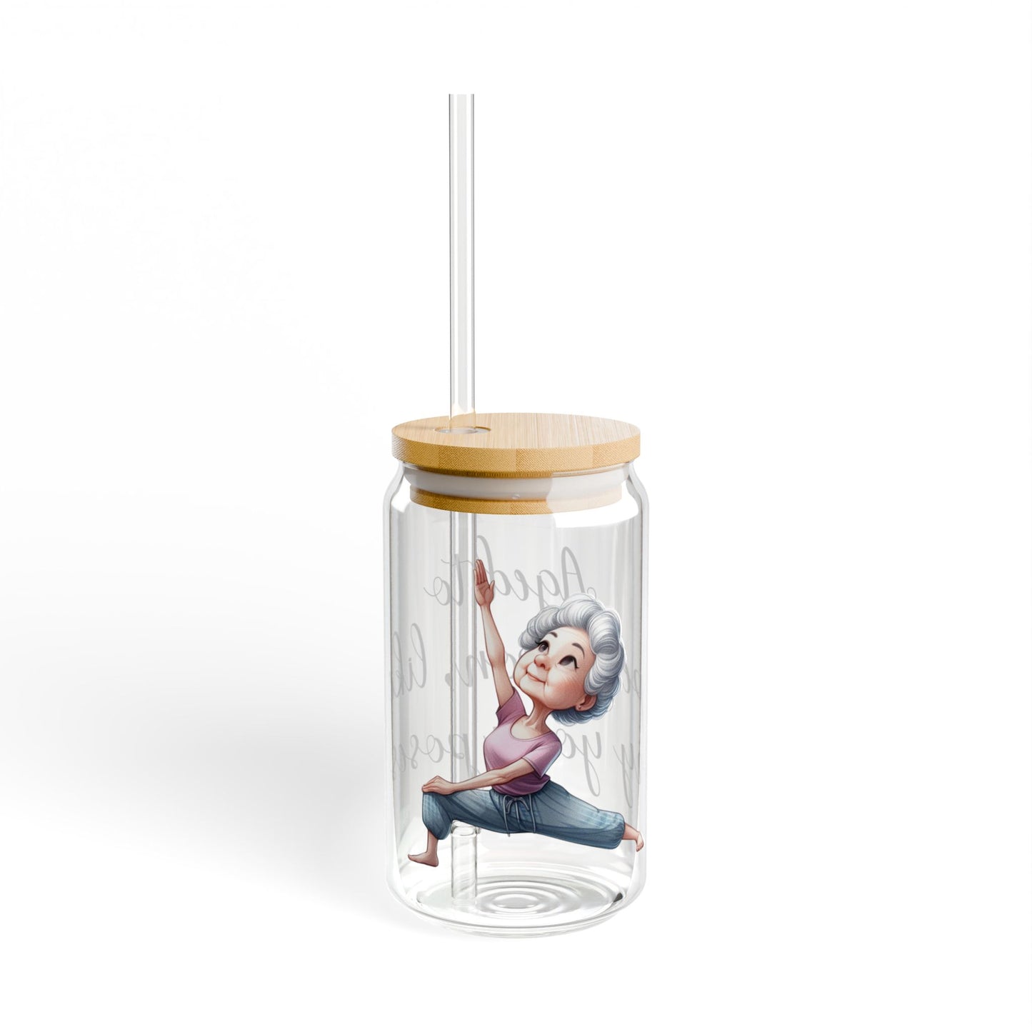 Our "Grandma Yoga" Collection Sipper Glass with Bamboo Lid and Tritan Straw!
