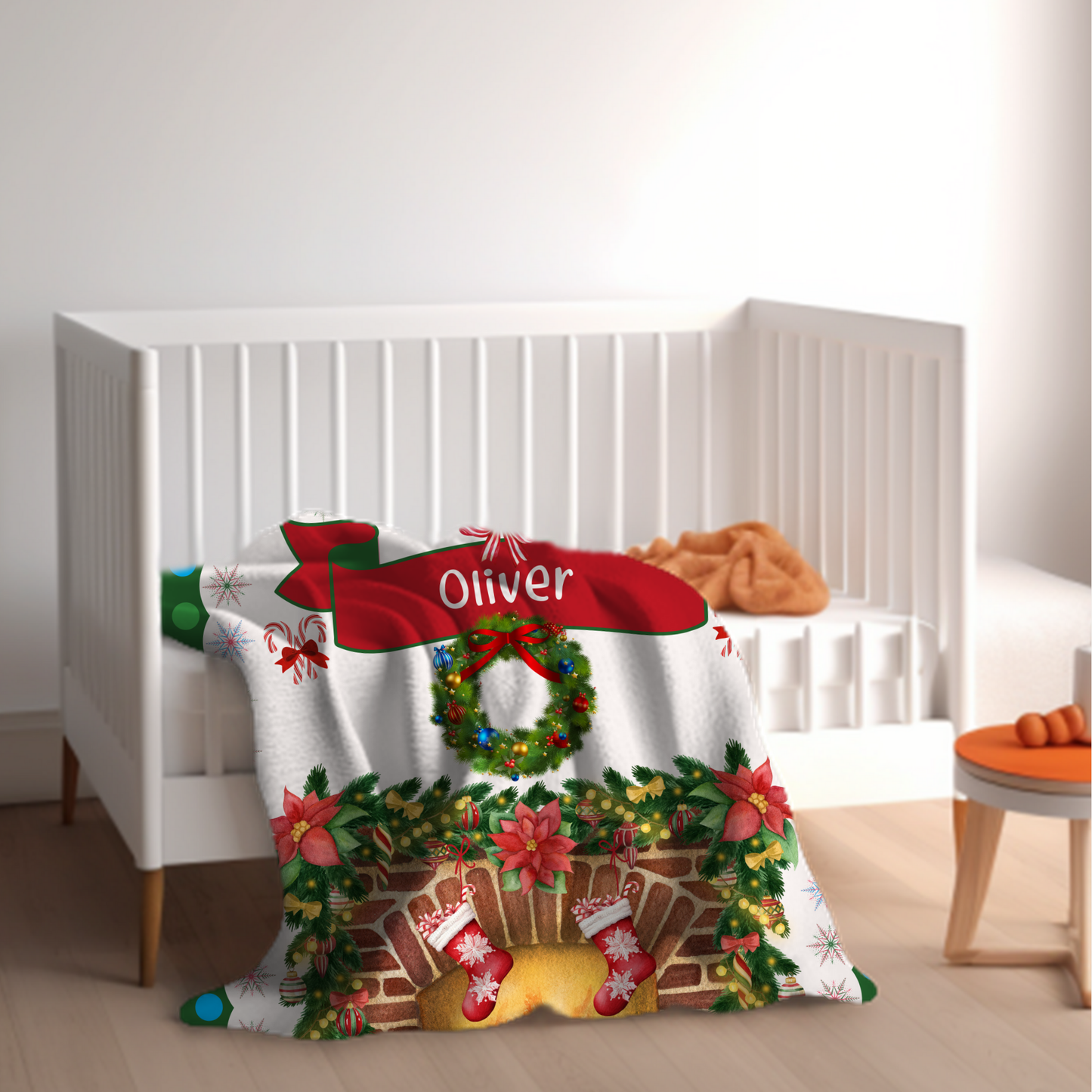 Personalized Children’s Christmas Fireplace Plush Minky Blanket, Soft Minky Baby Blanket, 30x40”, 50x60”, 60x80” Kids Throw Blanket.