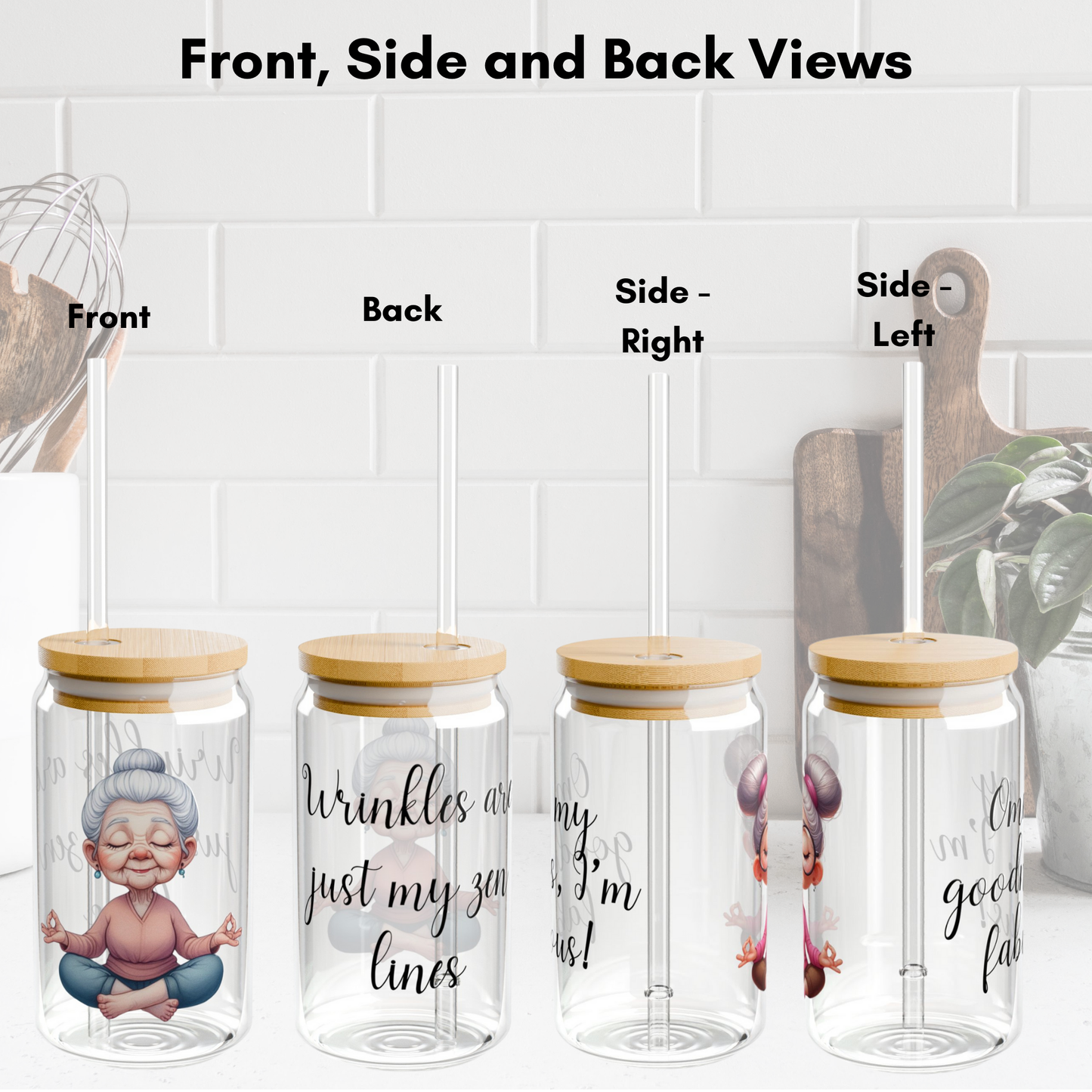 Our "Grandma Yoga" Collection Sipper Glass with Bamboo Lid and Tritan Straw!
