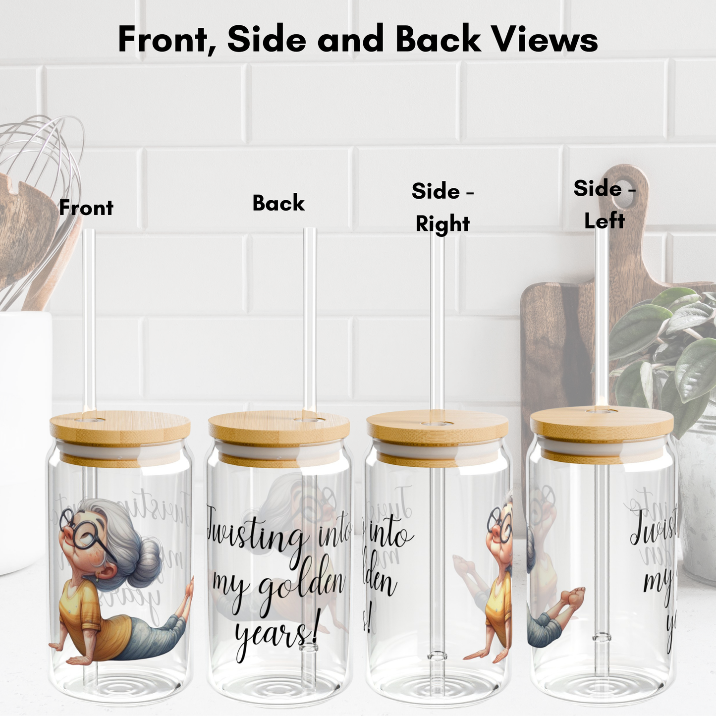 Our "Grandma Yoga" Collection Sipper Glass with Bamboo Lid and Tritan Straw!
