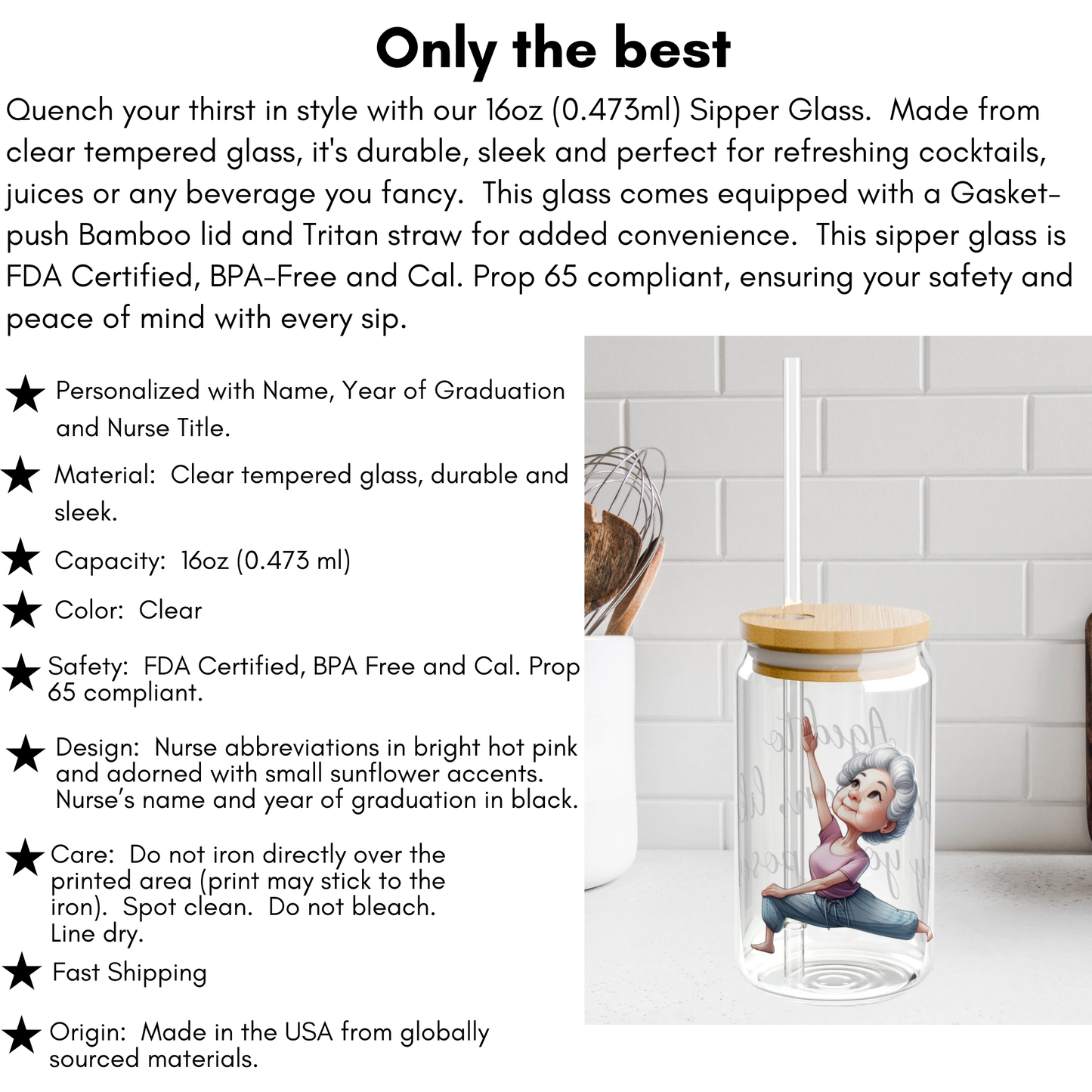 Our "Grandma Yoga" Collection Sipper Glass with Bamboo Lid and Tritan Straw!