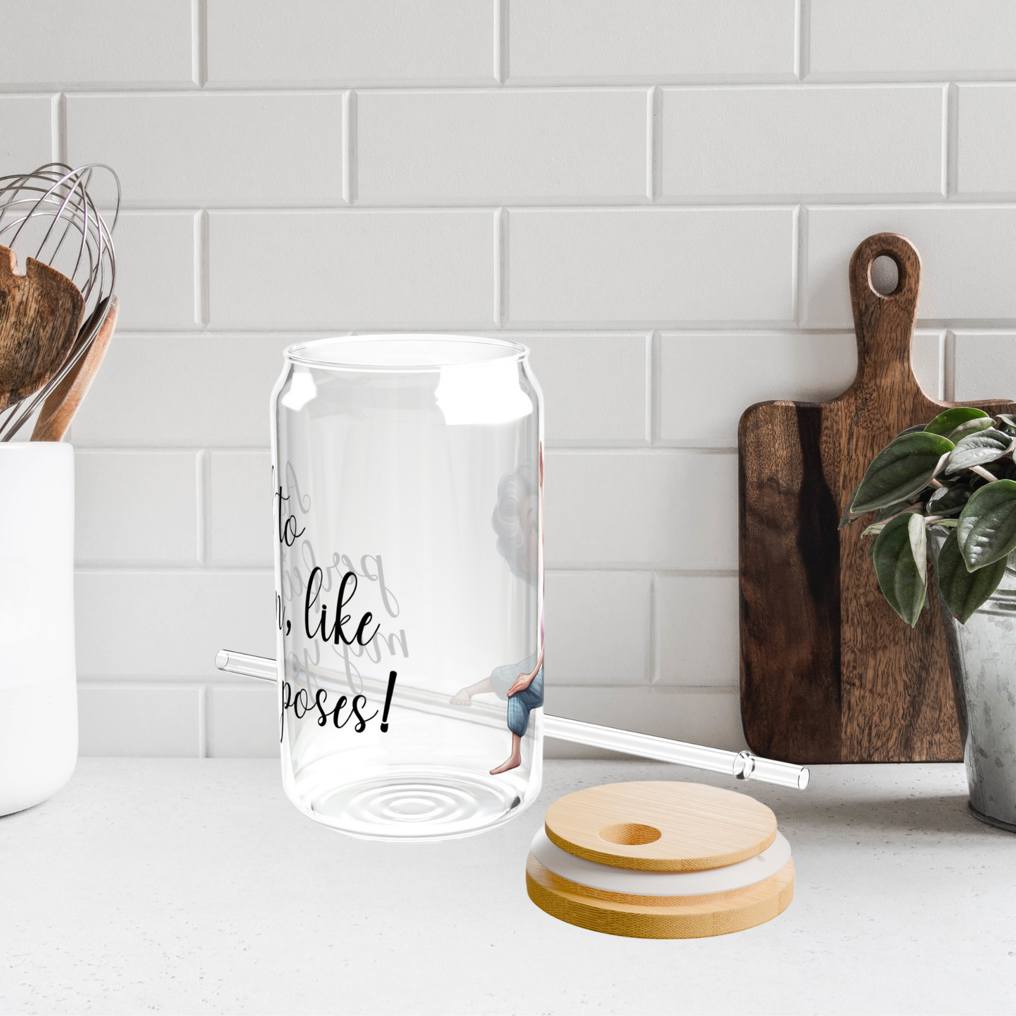 Our "Grandma Yoga" Collection Sipper Glass with Bamboo Lid and Tritan Straw!