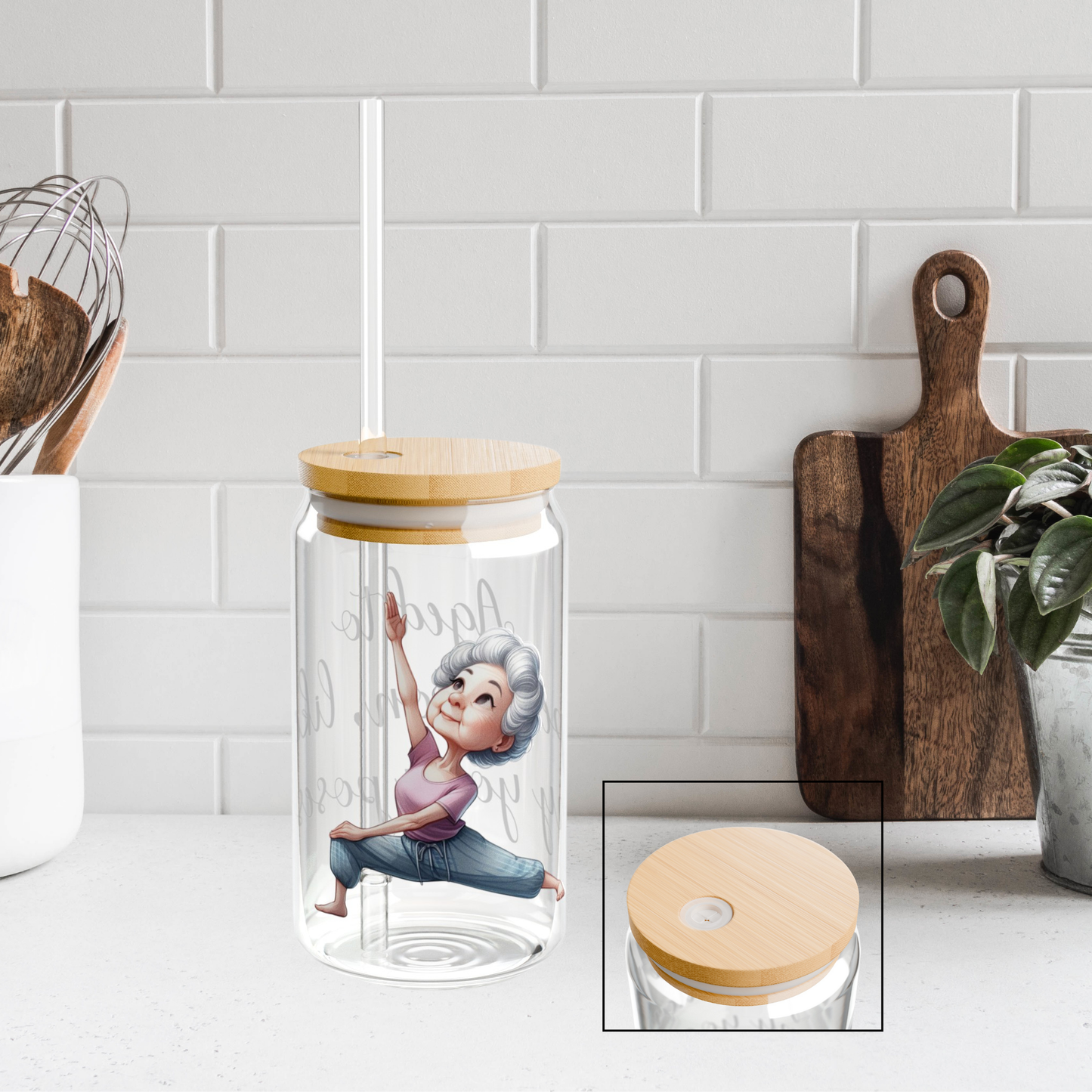 Our "Grandma Yoga" Collection Sipper Glass with Bamboo Lid and Tritan Straw!