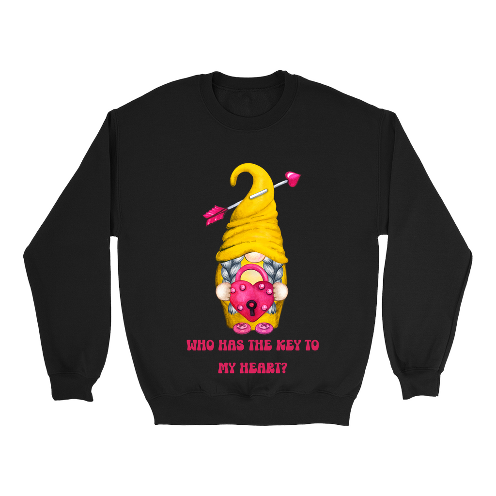 Embrace Love's Warmth: Introducing our Gnome with a Locked heart, 'Love is' Gildan 18000 Sweatshirts – Whimsical Designs, Cozy Comfort.