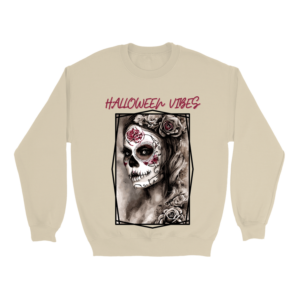 Explore our bewitching collection of Halloween sweatshirts, showcasing the mysterious allure of a Sugar-masked, Goth-style witch on the front.