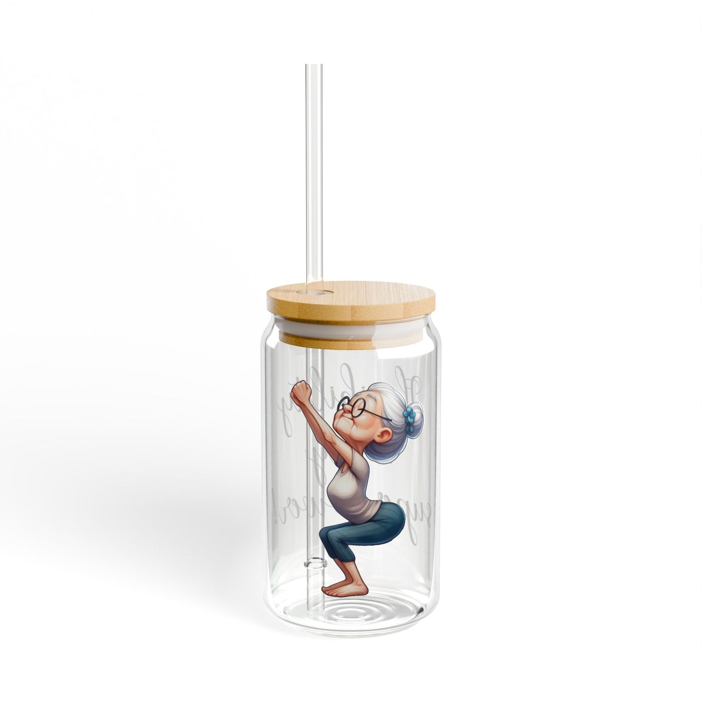 Our "Grandma Yoga" Collection Sipper Glass with Bamboo Lid and Tritan Straw!