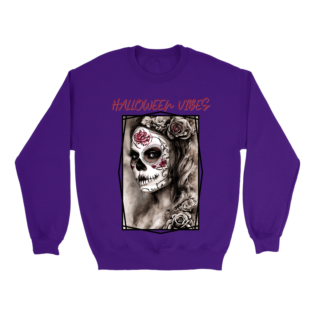 Explore our bewitching collection of Halloween sweatshirts, showcasing the mysterious allure of a Sugar-masked, Goth-style witch on the front.
