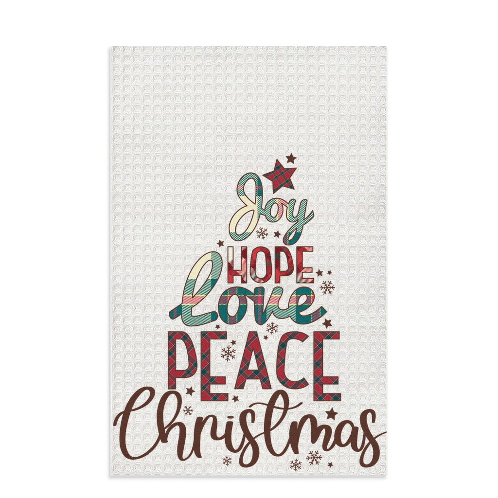 Beautiful Christmas Tree-Themed "Joy, Hope, Love, Peace, Christmas" Waffle Kitchen Tea Towel, Cute Christmas Waffle Dish Towel, Cute Stocking Filler