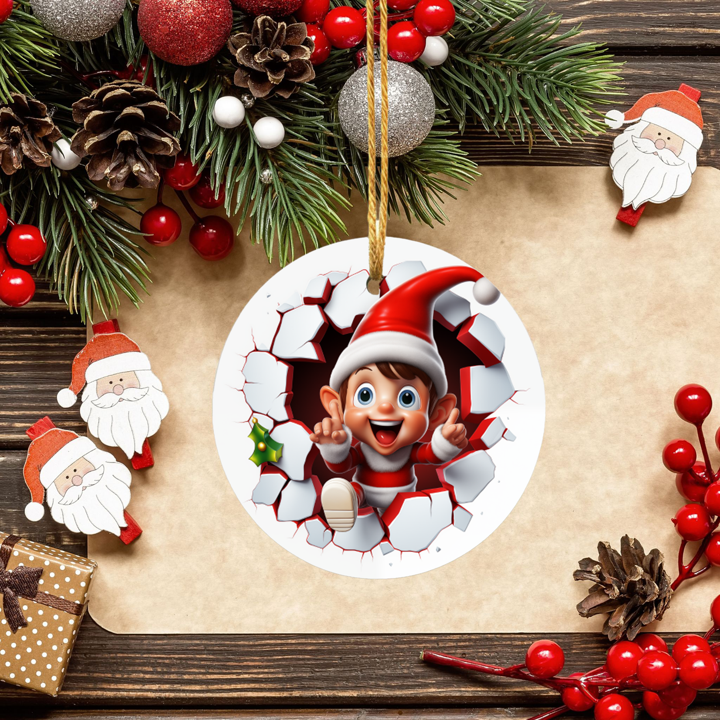 Radiant 3D Animal Breakthrough Porcelain Christmas Elf Ornament: Elegance in Every Detail for Your Holiday Joy!