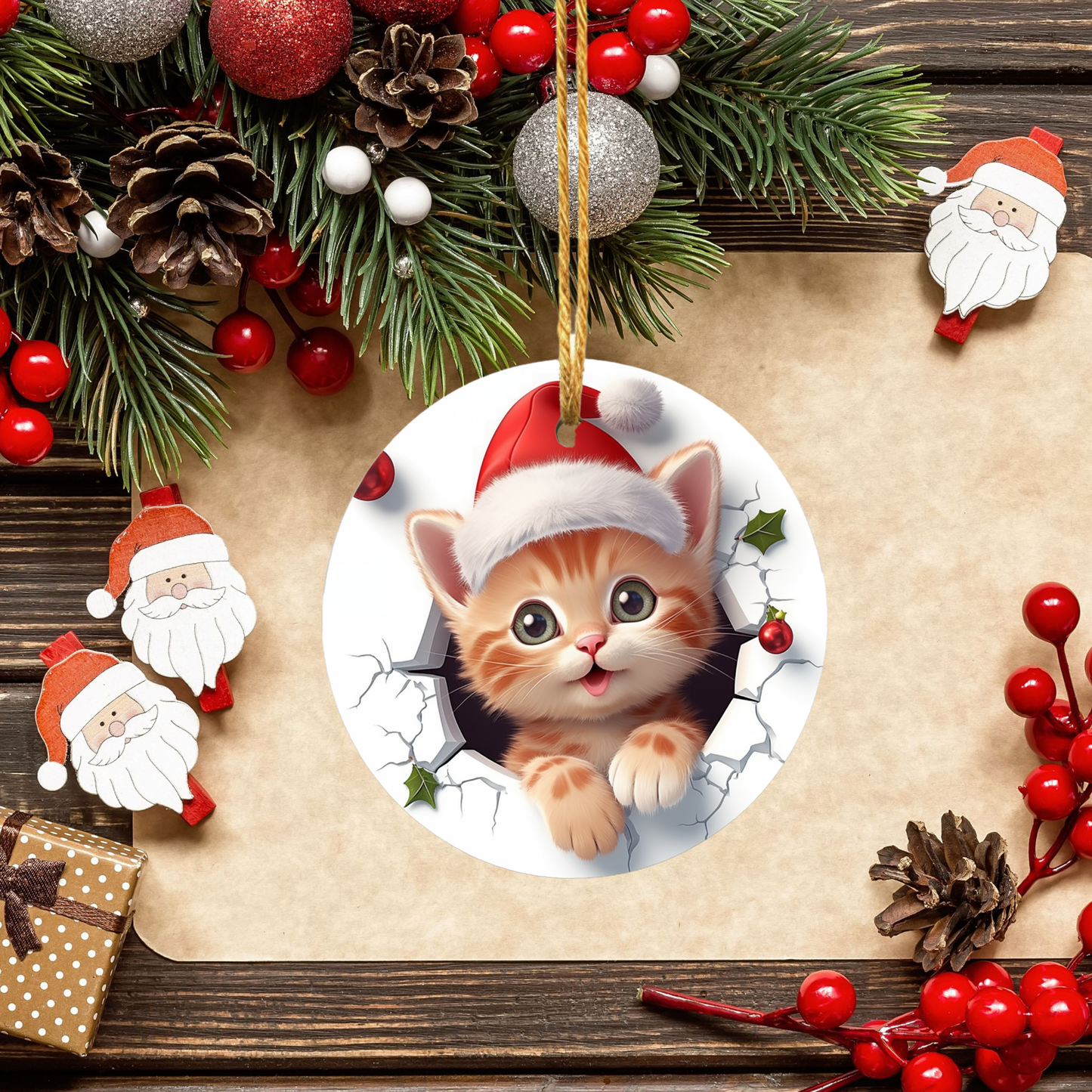 Radiant 3D Animal Breakthrough Porcelain Christmas Kitten Ornament: Elegance in Every Detail for Your Holiday Joy!
