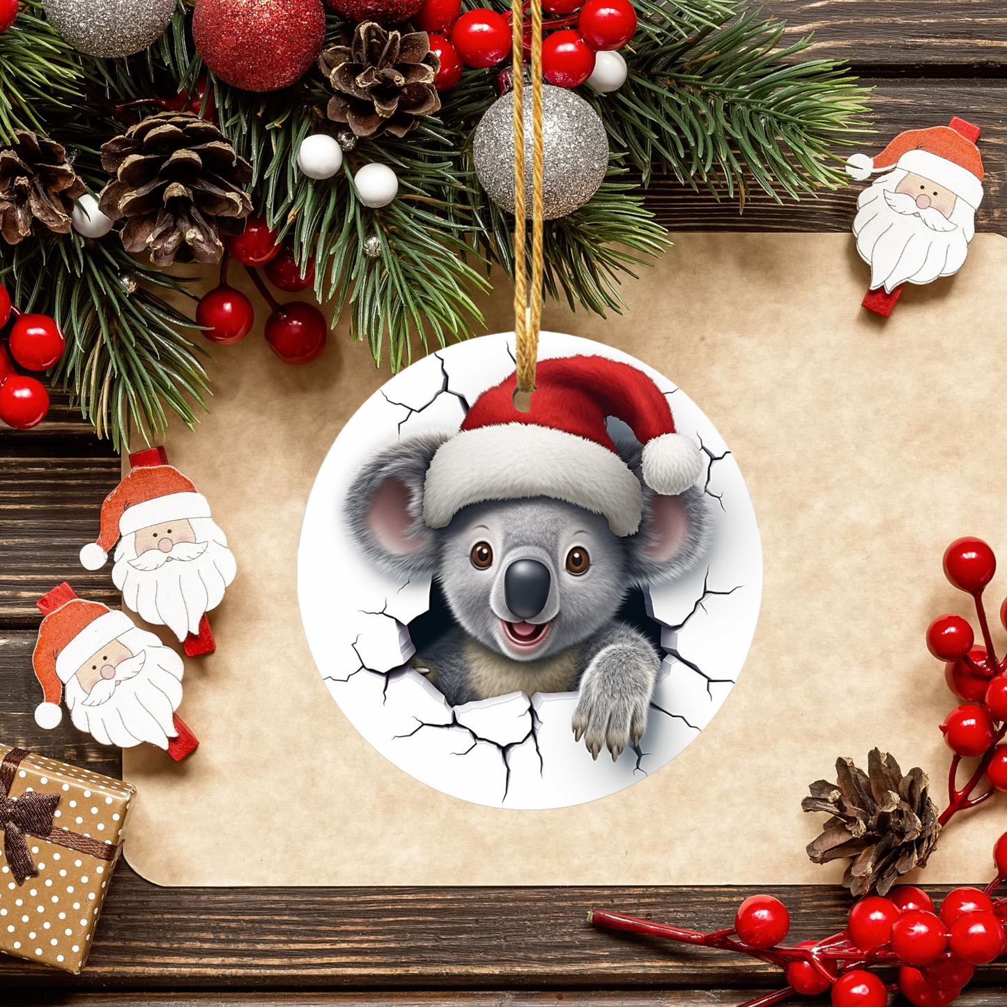 Radiant 3D Animal Breakthrough Porcelain Christmas Koala Ornament: Elegance in Every Detail for Your Holiday Joy!