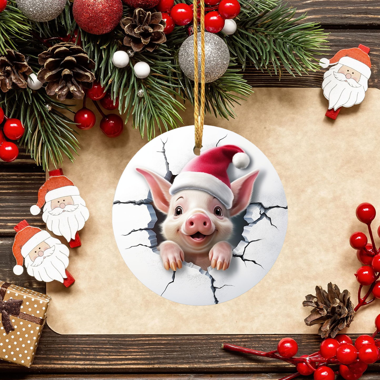 Radiant 3D Animal Breakthrough Porcelain Christmas Piglet Ornament: Elegance in Every Detail for Your Holiday Joy!
