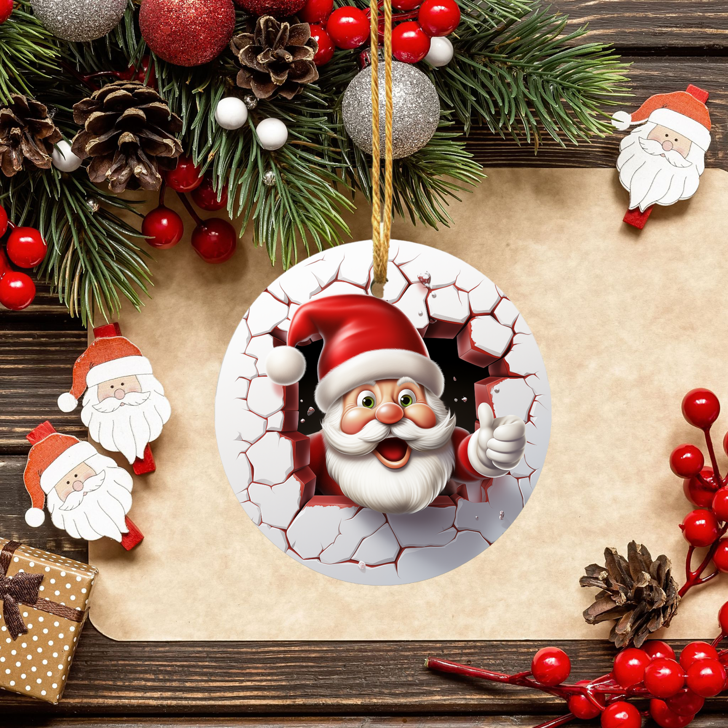 Radiant 3D Animal Breakthrough Porcelain Christmas Santa Ornament: Elegance in Every Detail for Your Holiday Joy!