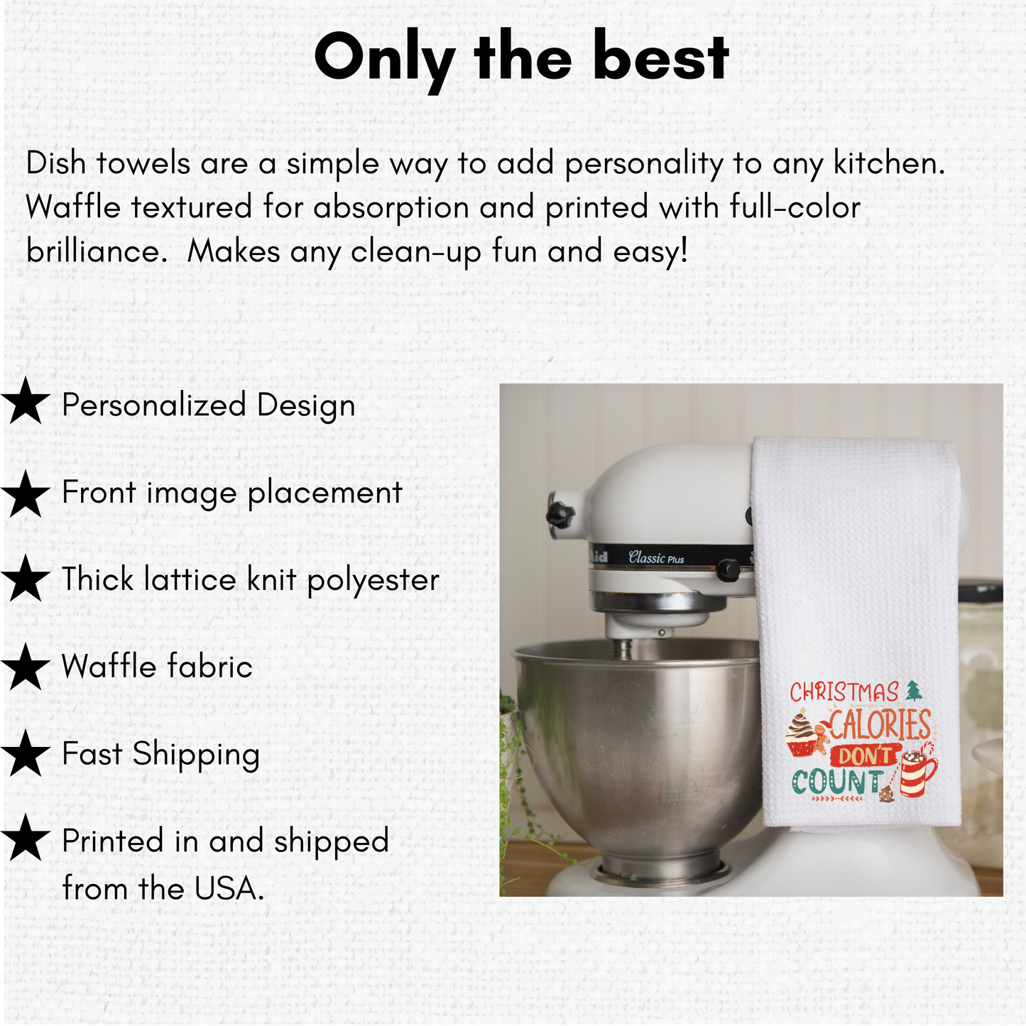 Beautiful Christmas-Themed "Christmas Calories Don't Count" Waffle Kitchen Tea Towel, Cute Christmas Waffle Dish Towel, Cute Stocking Filler