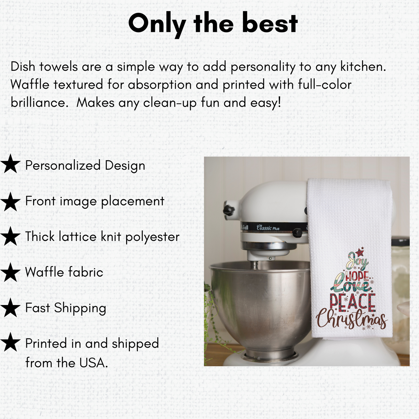 Beautiful Christmas Tree-Themed "Joy, Hope, Love, Peace, Christmas" Waffle Kitchen Tea Towel, Cute Christmas Waffle Dish Towel, Cute Stocking Filler