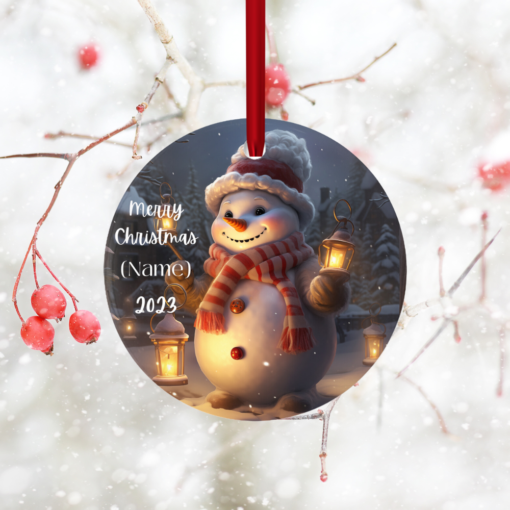 Charming Personalized Children’s Snowman Porcelain Christmas Ornament: Elegance in Every Detail for Your Holiday Joy!